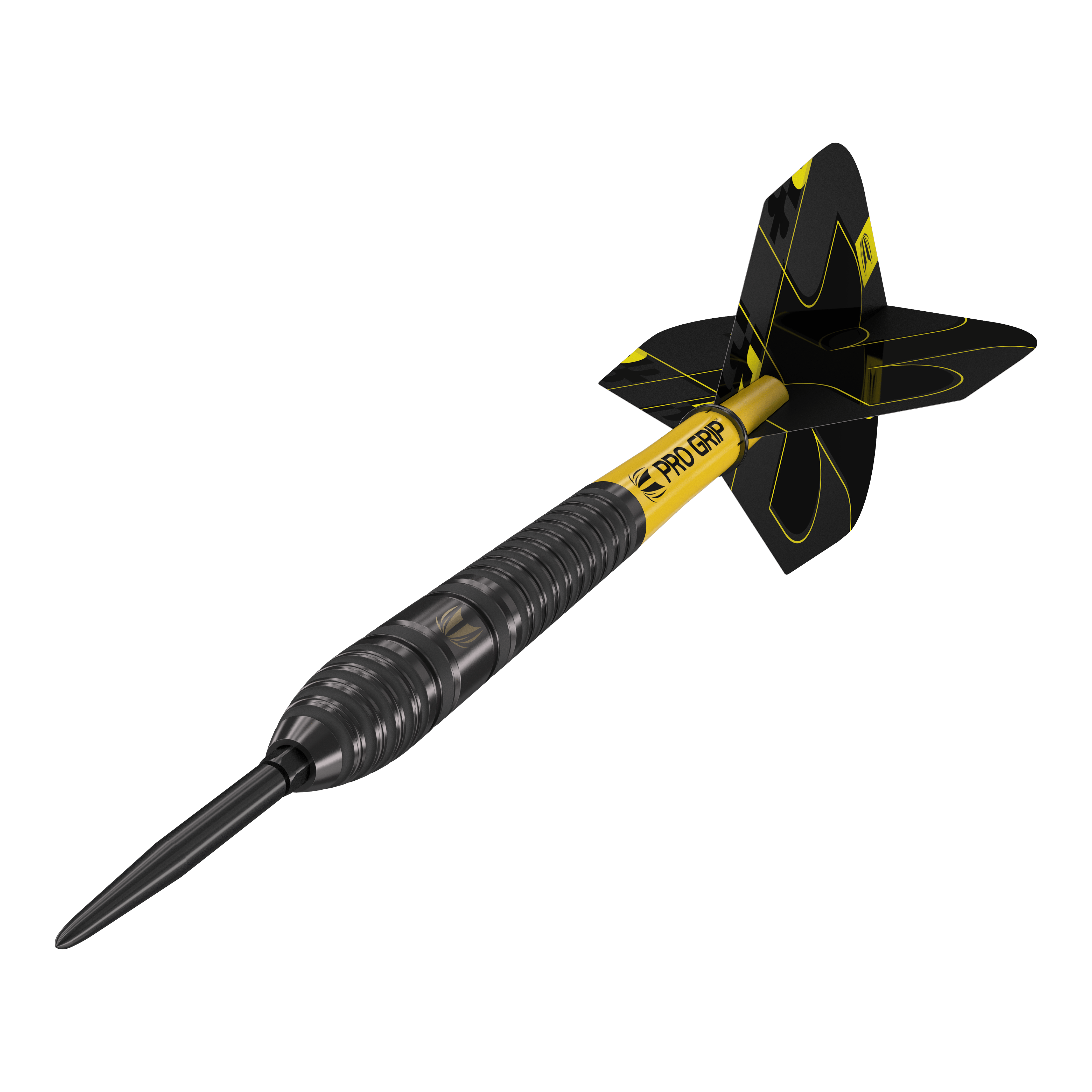 Das Bild zeigt einen Target Bolide Void 03 Swiss Point Steeldart. Der Dart ist schwarz mit gelben Akzenten und hat den Schriftzug "Pro Grip" auf dem Schaft.