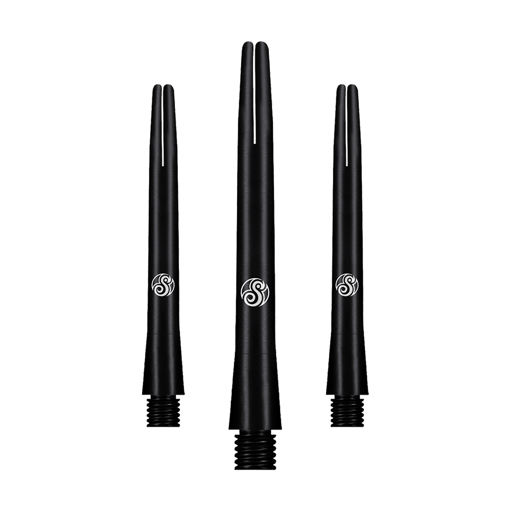 SM3809-M_Shot_Aluminium_Shafts_Black_47mm_1 Das Bild zeigt drei schwarze Aluminium-Schäfte der Marke Shot. Sie sind schlank, glänzend und haben ein weißes Logo in der Mitte.