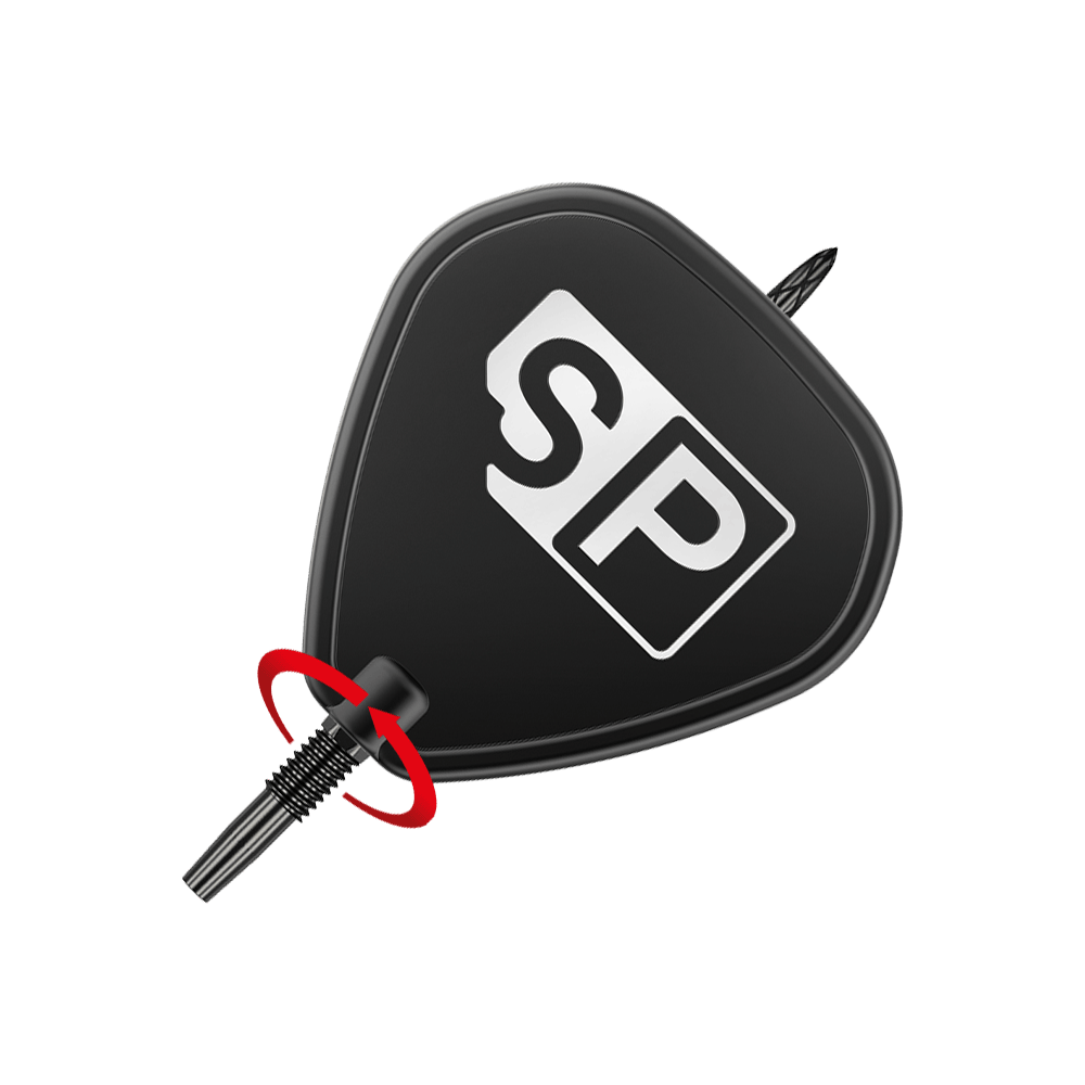 Das Bild zeigt eine schwarze Dartspitze mit der Aufschrift „SP“. Ein roter Pfeil deutet auf das Gewinde hin und zeigt, dass die Spitze eingeschraubt werden kann.