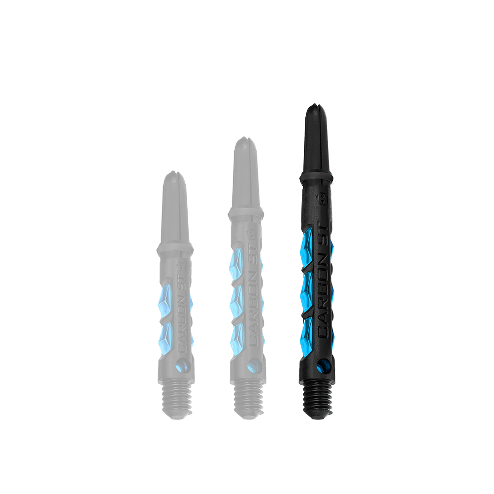 HR412_Harrows_Carbon_ST_Shafts_Aqua_47mm_1 Das Bild zeigt drei Harrows Carbon ST Shafts in der Farbe Aqua. Die Dartschäfte sind schwarz mit blauen Akzenten und in drei verschiedenen Längen dargestellt.