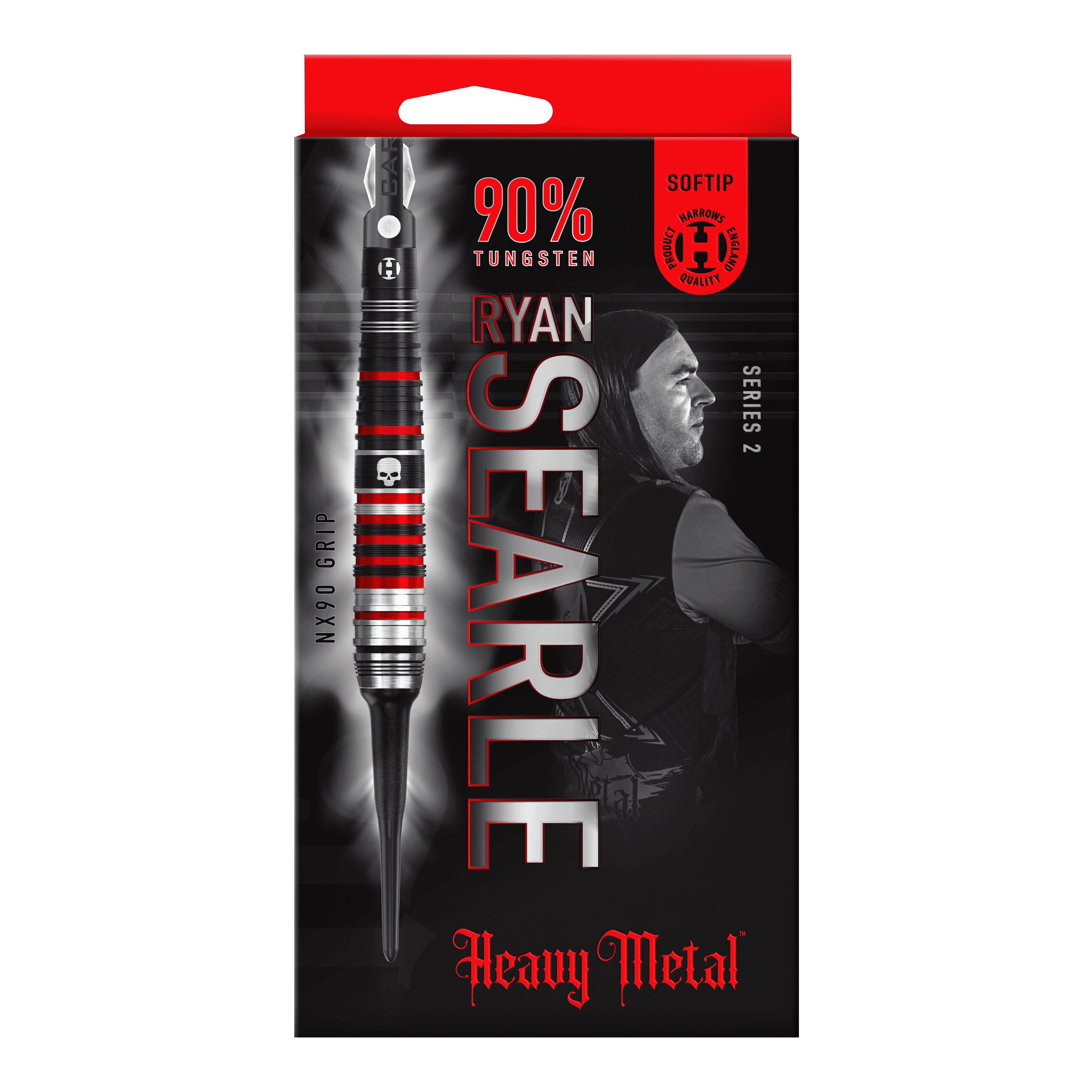 Auf dem Bild ist die Verpackung der "Harrows Ryan Searle Heavy Metal Series 2 Softdarts" zu sehen. Die Packung ist überwiegend schwarz mit roten Akzenten und zeigt einen Dartpfeil sowie das Bild eines Spielers.