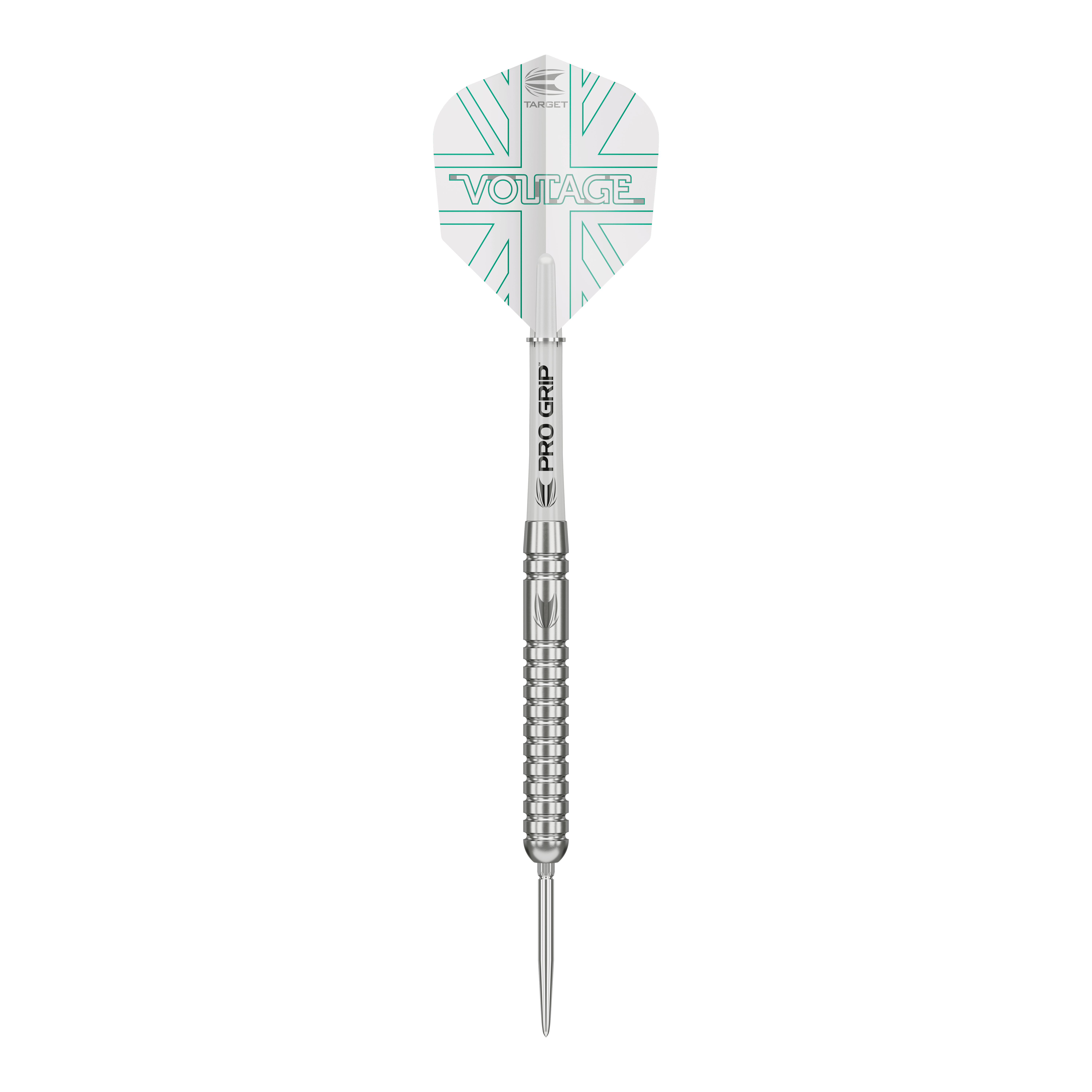 Das Bild zeigt einen Target Rob Cross Voltage Swiss Point Steeldart. Der Dart hat ein silbernes Design mit dem Schriftzug „VOLTAGE“ auf den Flights.