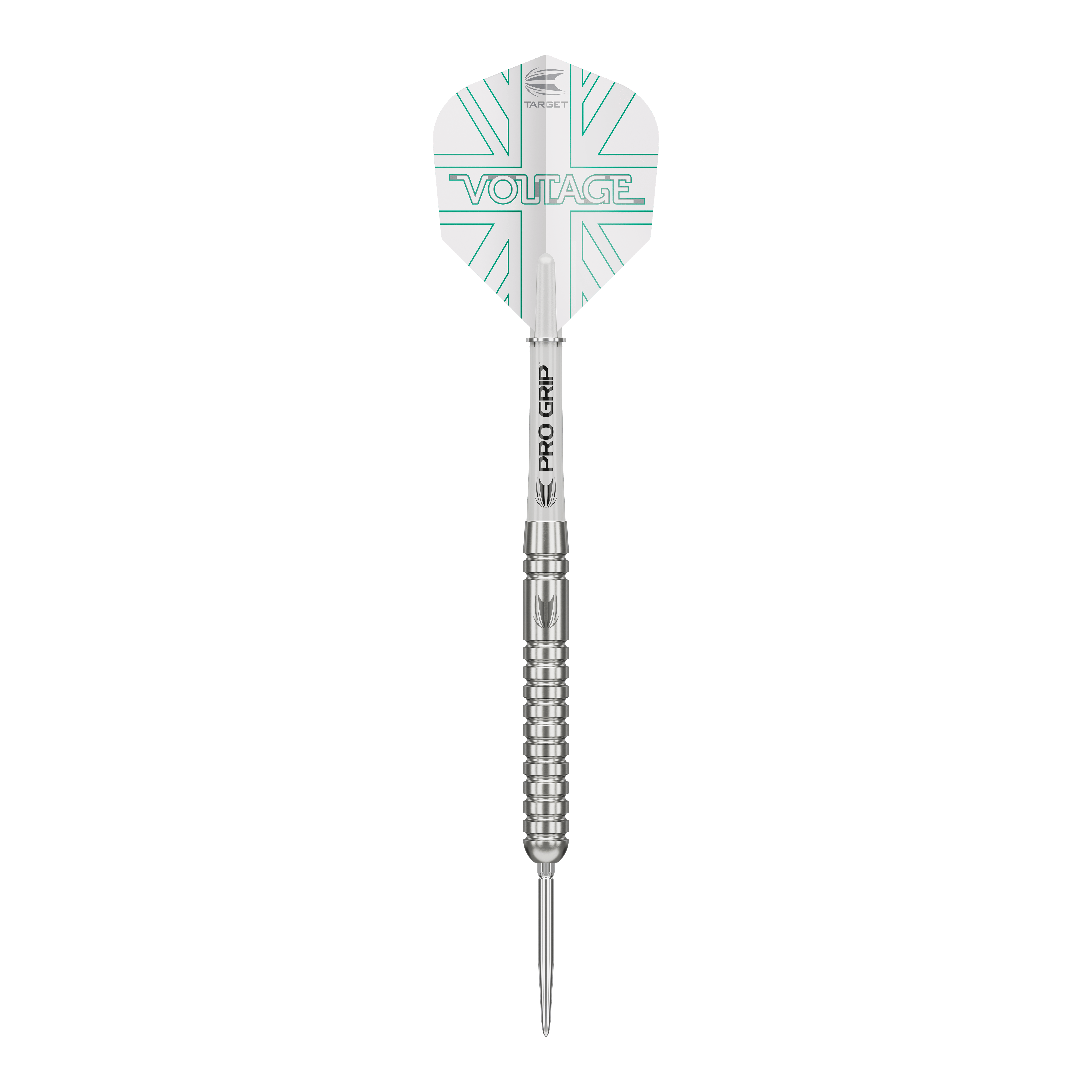 Target Rob Cross Voltage Swiss Point Steeldarts Das Bild zeigt einen Target Rob Cross Voltage Swiss Point Steeldart. Der Dart hat ein silbernes Design mit dem Schriftzug „VOLTAGE“ auf den Flights.
