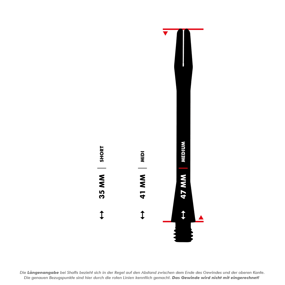 HR366_Harrows_Keramic_Shafts_5_47mm Das Bild zeigt drei verschiedene Längen der Harrows Keramic Shafts - Gun Metal: Short (35 mm), Midi (41 mm) und Medium (47 mm). Die Längen werden durch Pfeile und rote Markierungen verdeutlicht, wobei das Gewinde nicht mit eingerechnet ist.