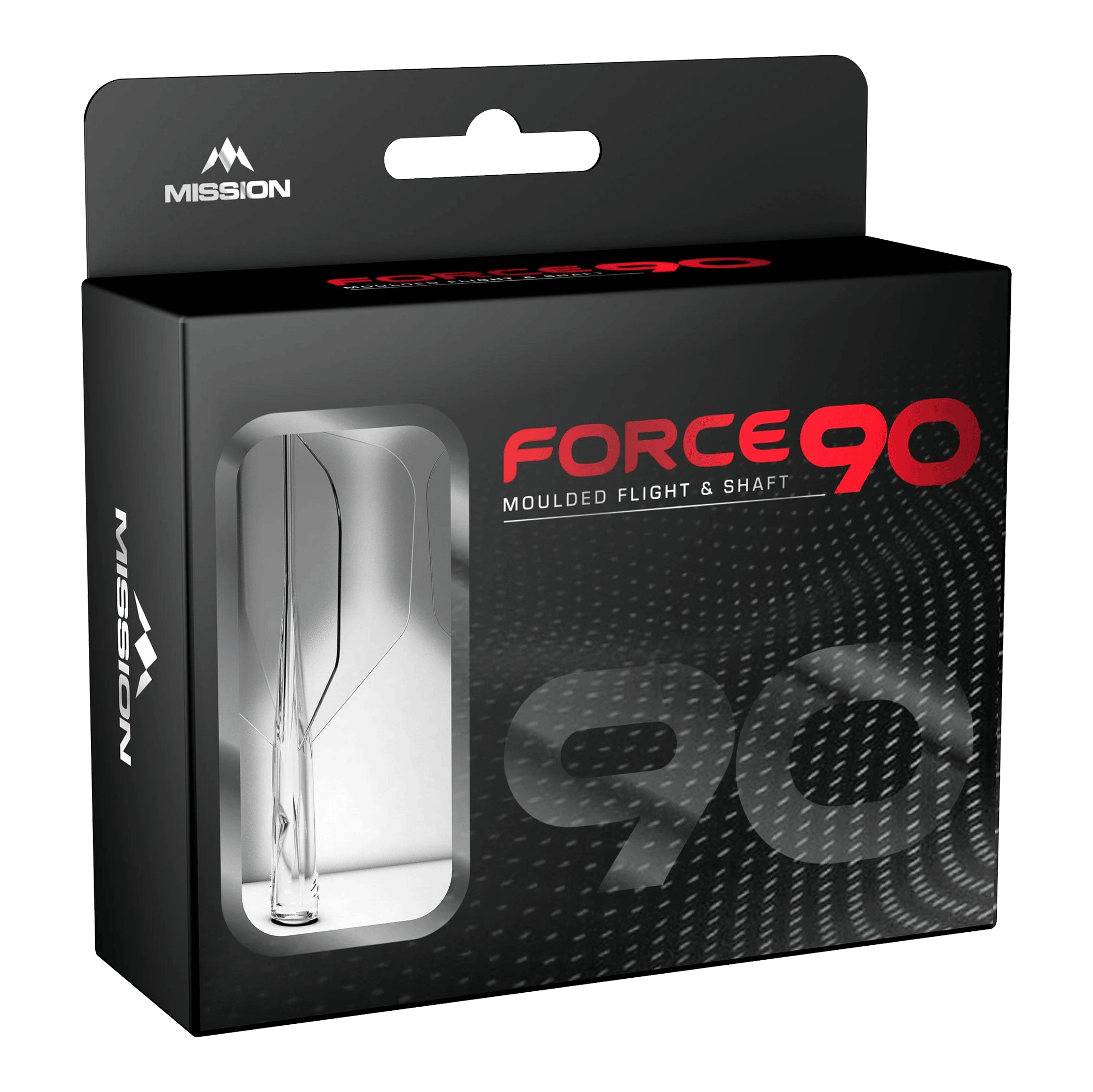 Mission Force 90 No6 Flight-Shaft-System - Clear Short Die Abbildung zeigt die Verpackung des Produkts „Mission Force 90 No6 Flight-Shaft-System - Clear“. In der schwarzen Box mit Sichtfenster ist das transparente Flight-Shaft-System zu erkennen.