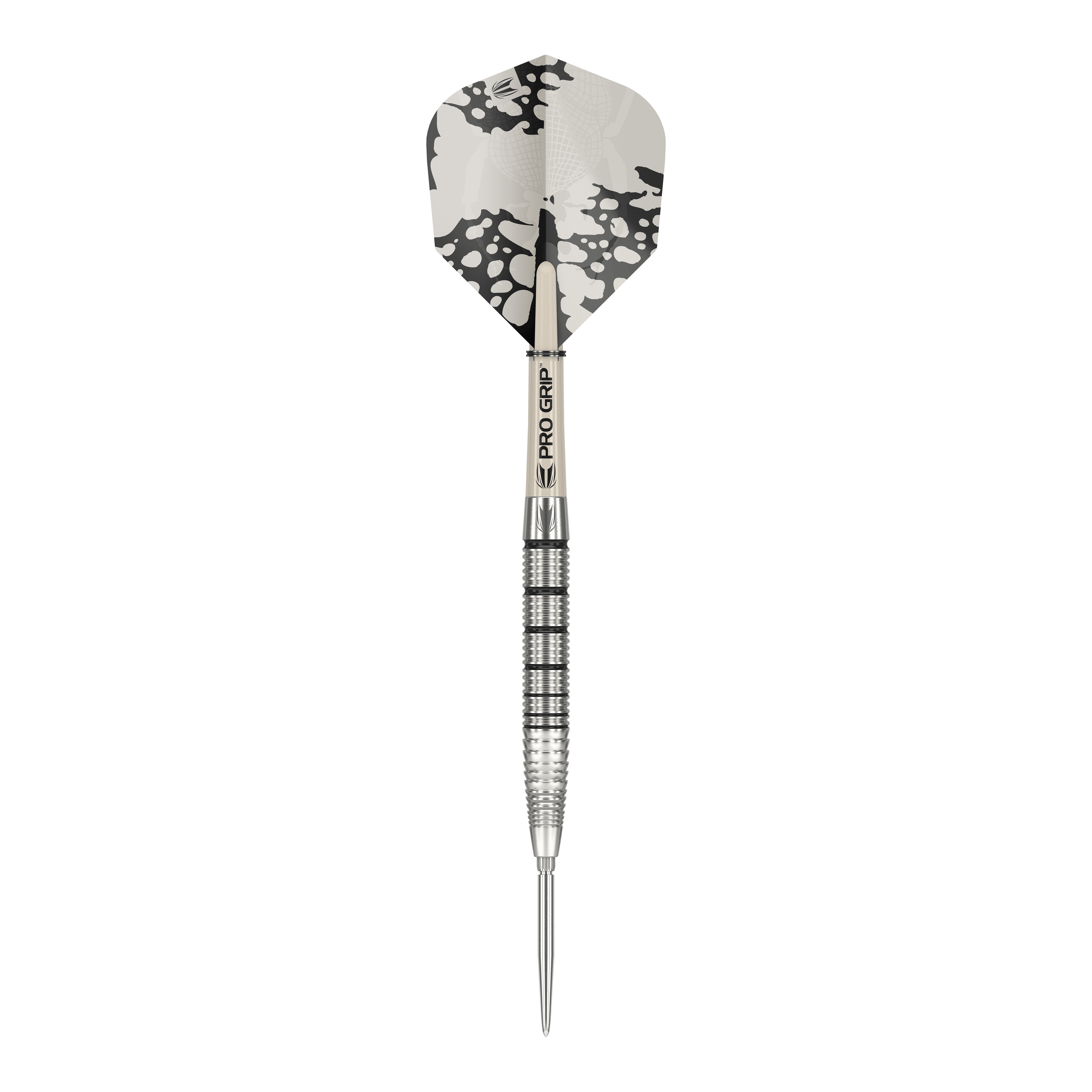 Das Bild zeigt einen Target EXO SP02 Swiss Point Steeldart. Der Dartpfeil hat ein silbernes Griffstück mit schwarzen Rillen und eine schwarz-weiße Flight.