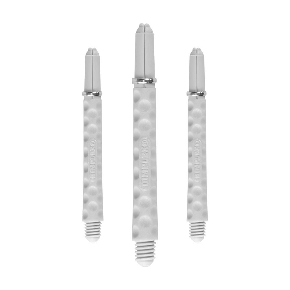HR324_Harrows_Dimplex_Shafts_Weiss_48mm_1ZpFiHVNfTgc7V Auf dem Bild sind drei weiße Dartschäfte mit einer genoppten Oberfläche zu sehen. In der Mitte jedes Schafts steht das Wort "DIMPLEX" eingraviert.