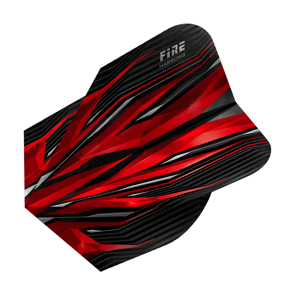 Das Bild zeigt das Produkt "Harrows Fire Red Standard Flights". Das Design ist überwiegend rot und schwarz mit dynamischen, scharfen Linien.