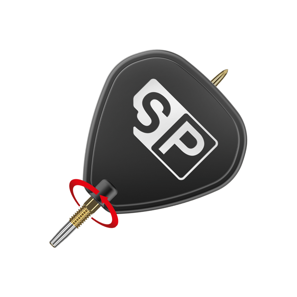 Das Bild zeigt die Target Swiss Point GRD Gold Dartspitzen. Die Spitzen sind goldfarben und an einem schwarzen Flight mit „SP“-Logo befestigt.