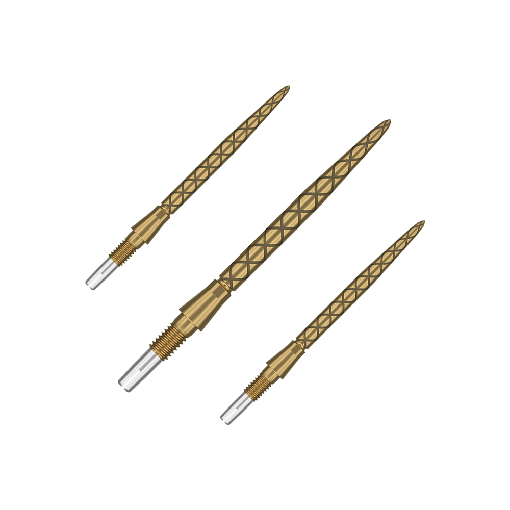Auf dem Bild sind drei goldene Dartspitzen mit einem rautenförmigen Muster zu sehen. Sie sind aus Metall gefertigt und haben eine schlanke, spitze Form.