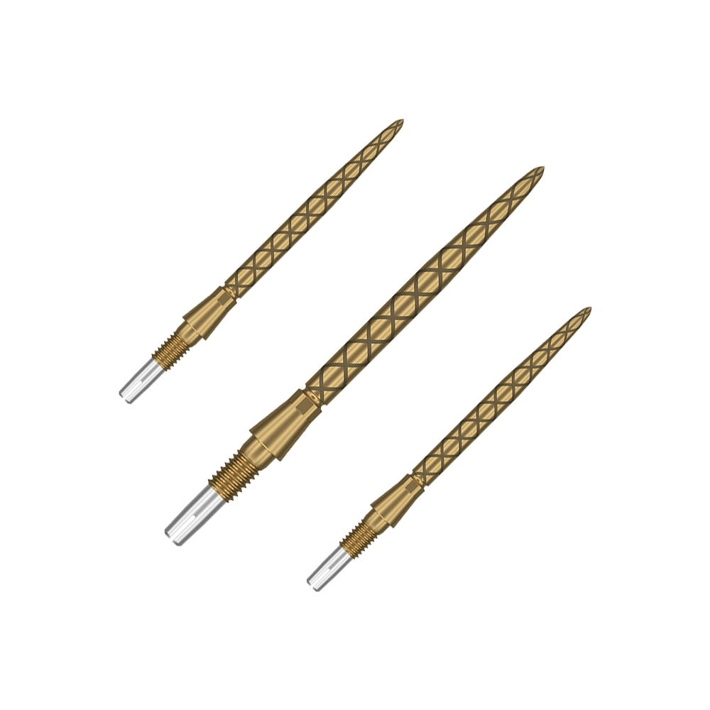 Target Swiss Storm Diamond Point Dartspitzen - Gold Auf dem Bild sind drei goldene Dartspitzen mit einem rautenförmigen Muster zu sehen. Sie sind aus Metall gefertigt und haben eine schlanke, spitze Form.