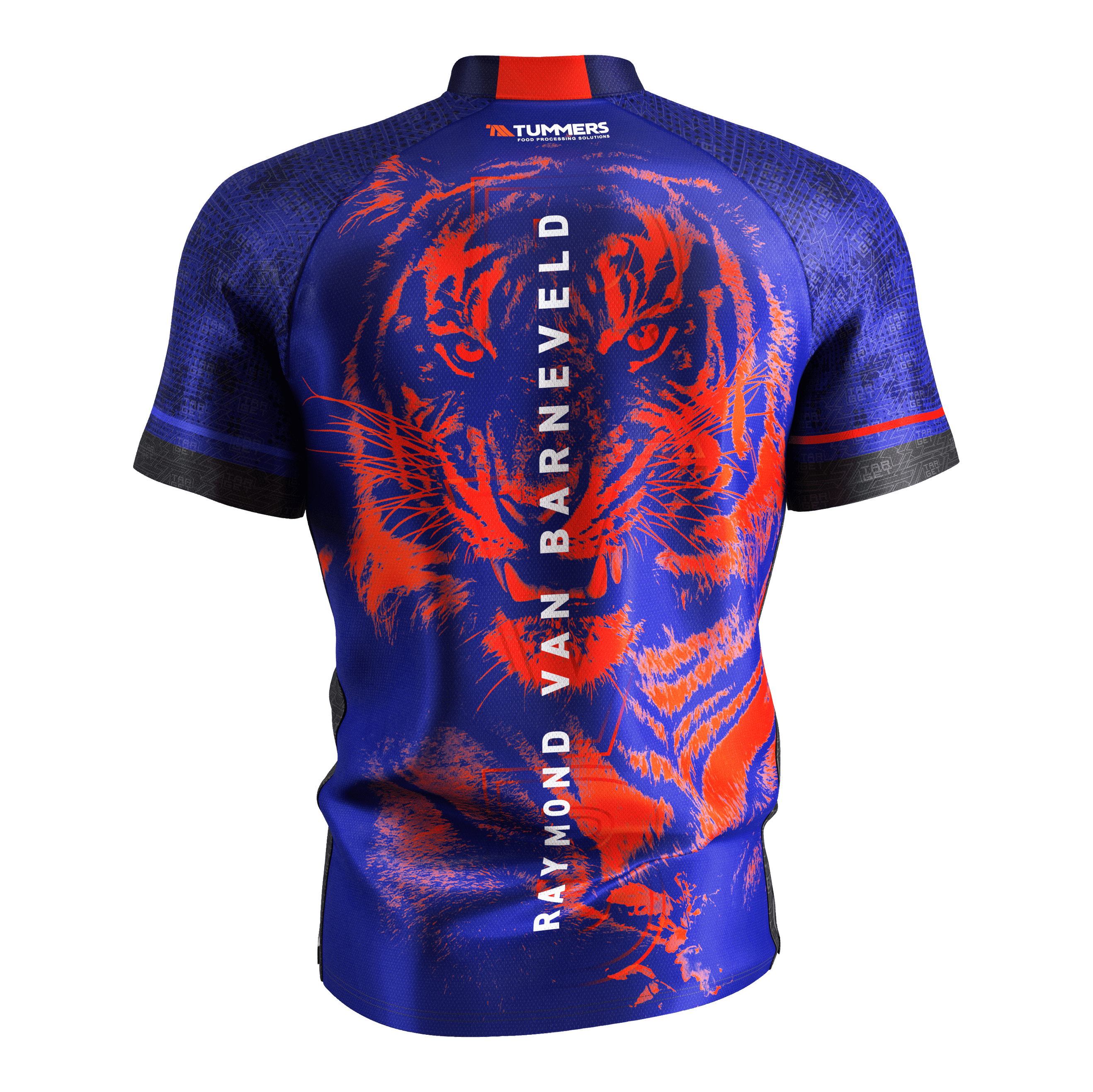 Target Coolplay Raymond Van Barneveld 2025 Dartshirt Das Bild zeigt das Target Coolplay Raymond Van Barneveld 2025 Dartshirt von hinten. Auf dem blauen Shirt ist ein auffälliger roter Tiger sowie der Name "Raymond Van Barneveld" vertikal zu sehen.