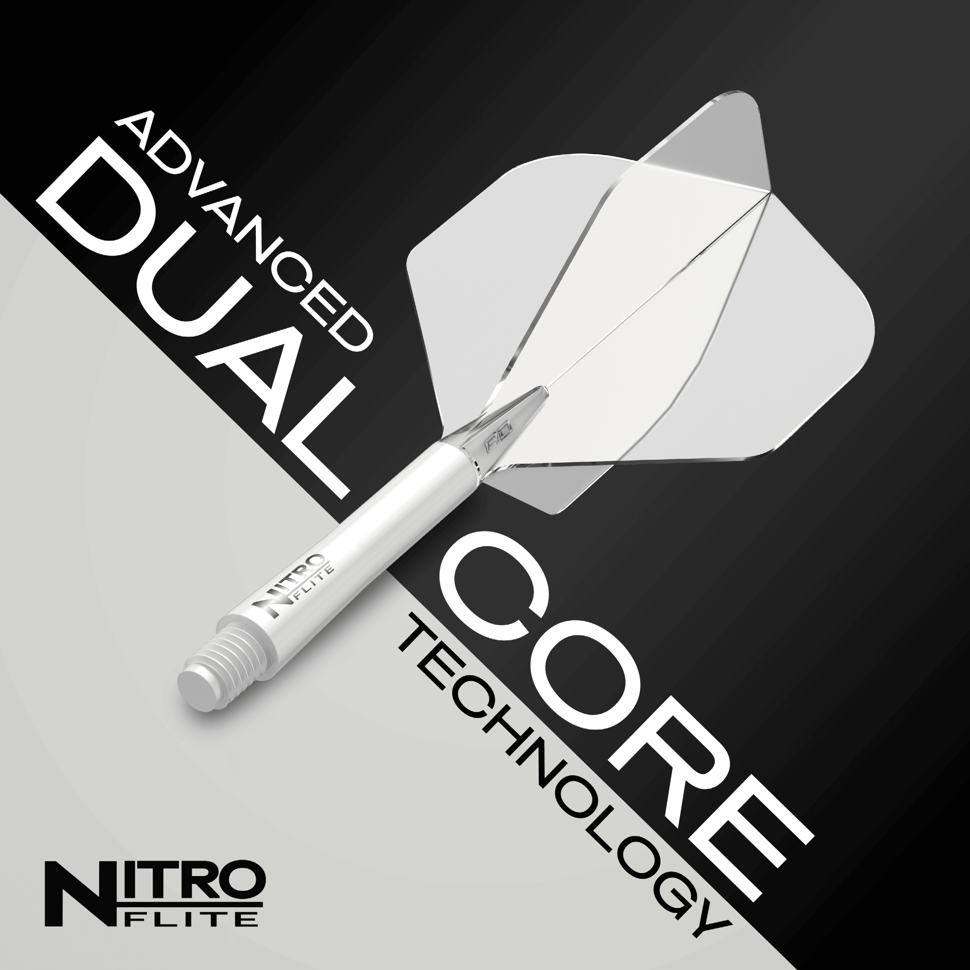 Das Bild zeigt das Produkt "Red Dragon Nitroflite - White Shaft Clear No2 Flights". Auf dem Bild sind die Begriffe "Advanced Dual Core Technology" sowie das Produkt selbst gut sichtbar.