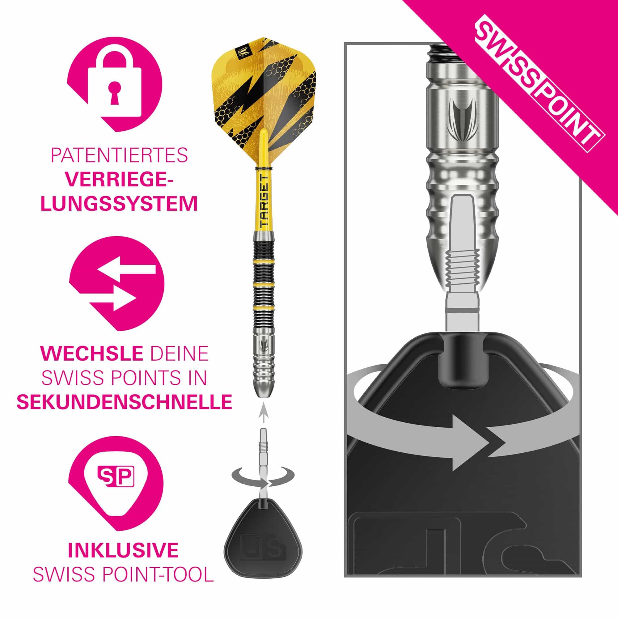 Auf dem Foto sind die Target Buzz 02 Swiss Points Steeldarts zu sehen. Das Produkt wird frontal präsentiert.