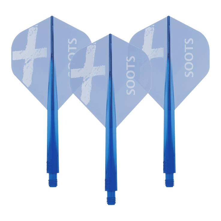 Das Bild zeigt drei blaue Dart-Flights des Produkts "Condor AXE Soots Flight-System - Standard". Auf jedem Flight steht das Wort "SOOTS" und ein weißes Kreuz ist abgebildet.