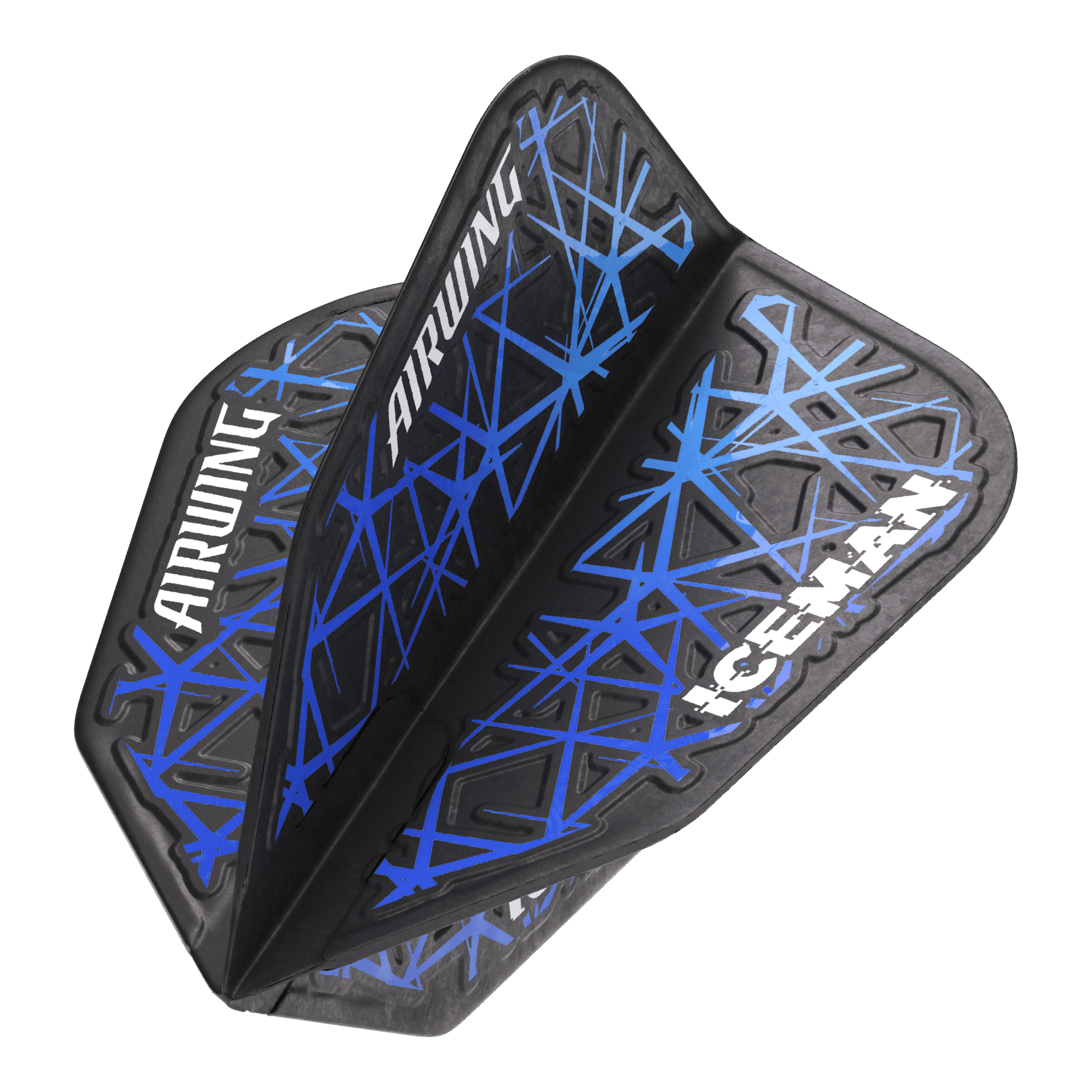 Das Bild zeigt die Red Dragon Airwing Gerwyn Price Blue V-Standard Flights. Die Flights sind schwarz mit blauen Linien und haben die Aufschriften "AIRWING" und "ICEMAN" in Weiß.