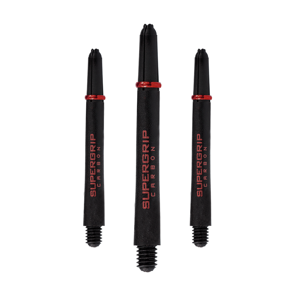 Das Bild zeigt drei schwarze Harrows Supergrip Carbon Shafts mit roten Akzenten. Auf den Schäften steht der Schriftzug „SUPERGRIP CARBON“ in roter Farbe.