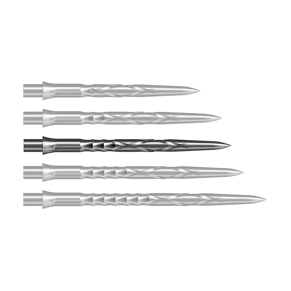Caliburn System Steeldartspitzen - HAN G2 - Silber Auf dem Bild sind drei silberne Steeldartspitzen zu sehen. Sie liegen nebeneinander und haben eine strukturierte Oberfläche.