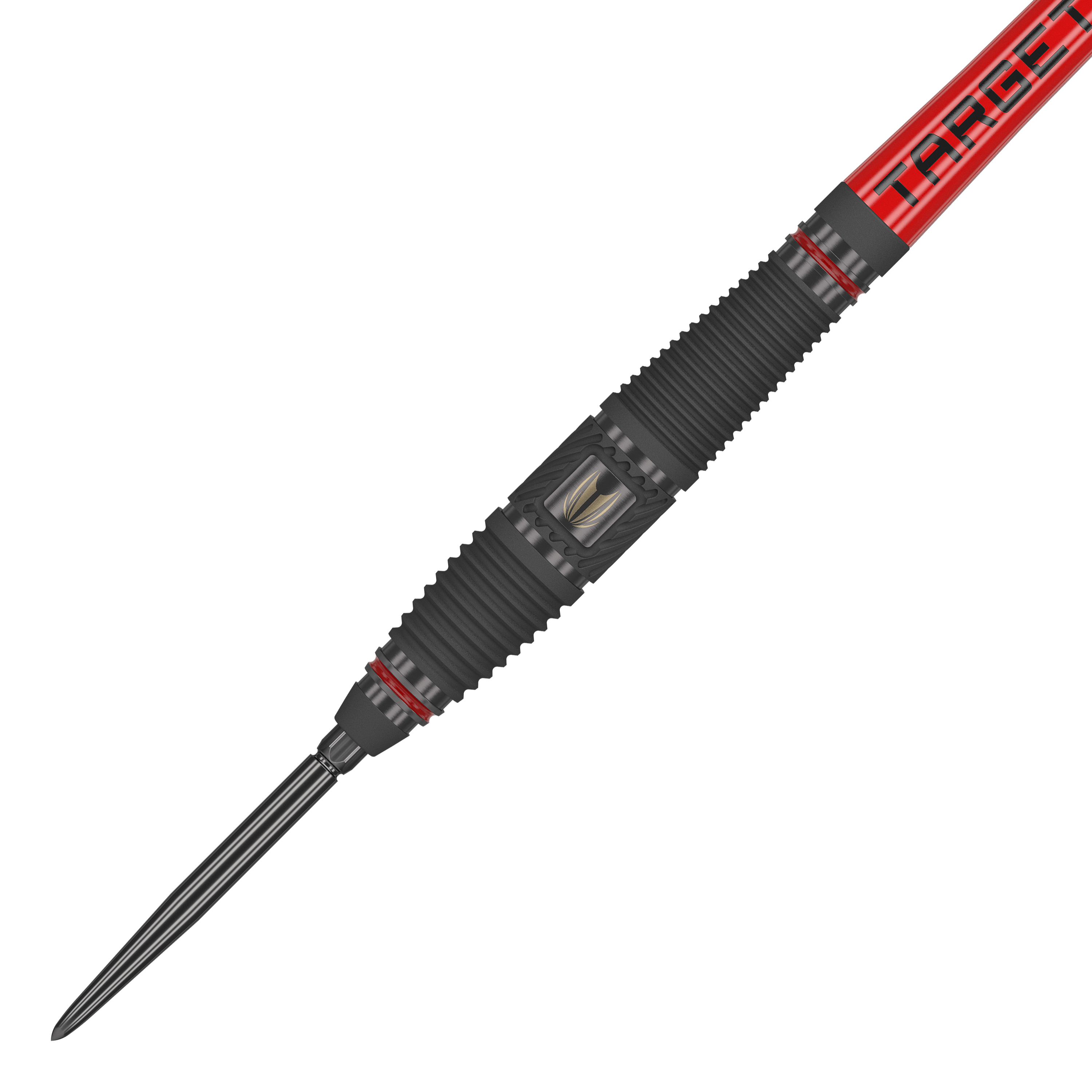 Target Scope 03 Swiss Point Steeldarts Das Bild zeigt ein Target Scope 03 Swiss Point Steeldart mit schwarzem und rotem Design. Die Oberfläche des Darts ist geriffelt und hat Metallakzente für besseren Halt.