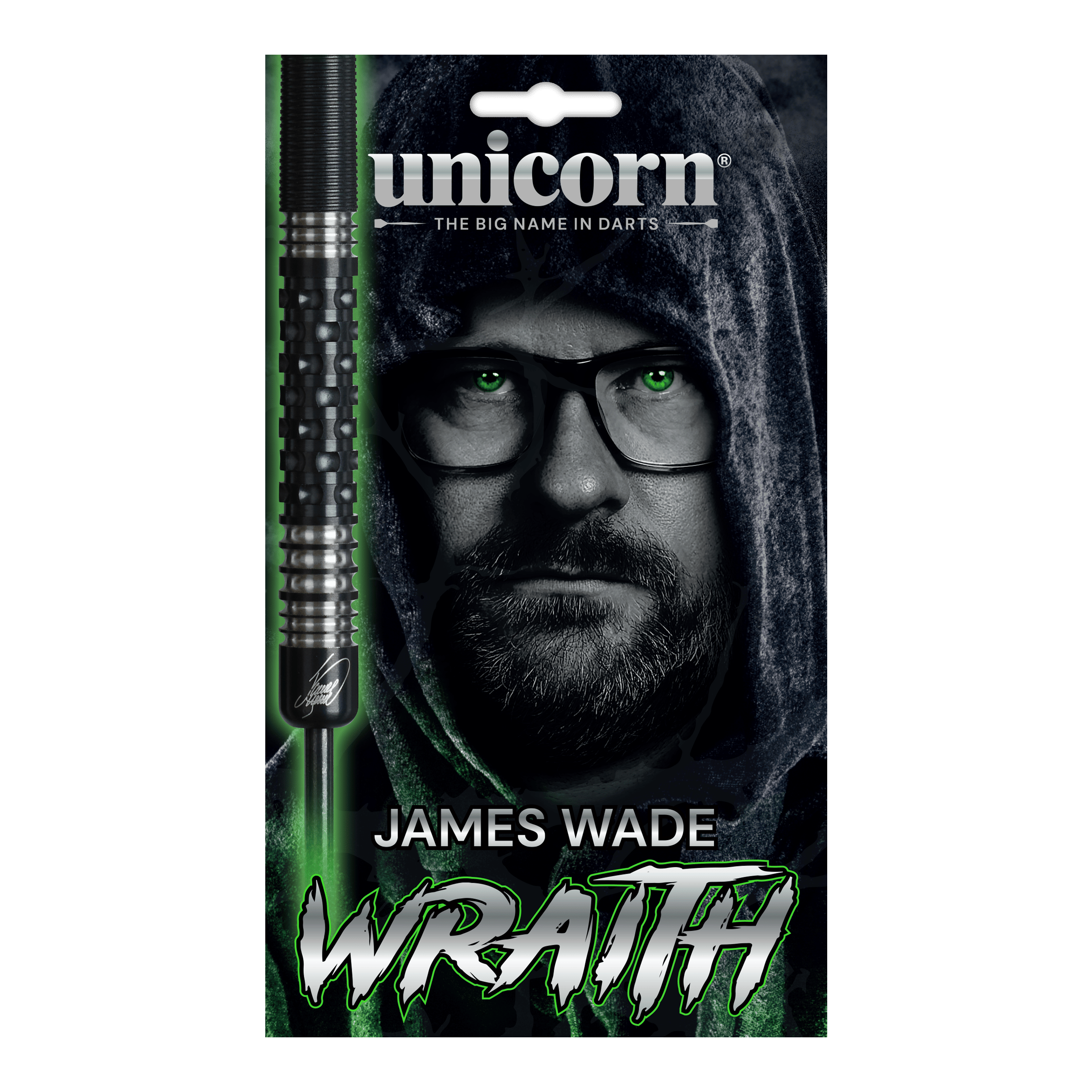 Die Abbildung zeigt die Unicorn Wraith James Wade Steeldarts. Die Darts sind für Präzisionswürfe im Dartsport konzipiert.