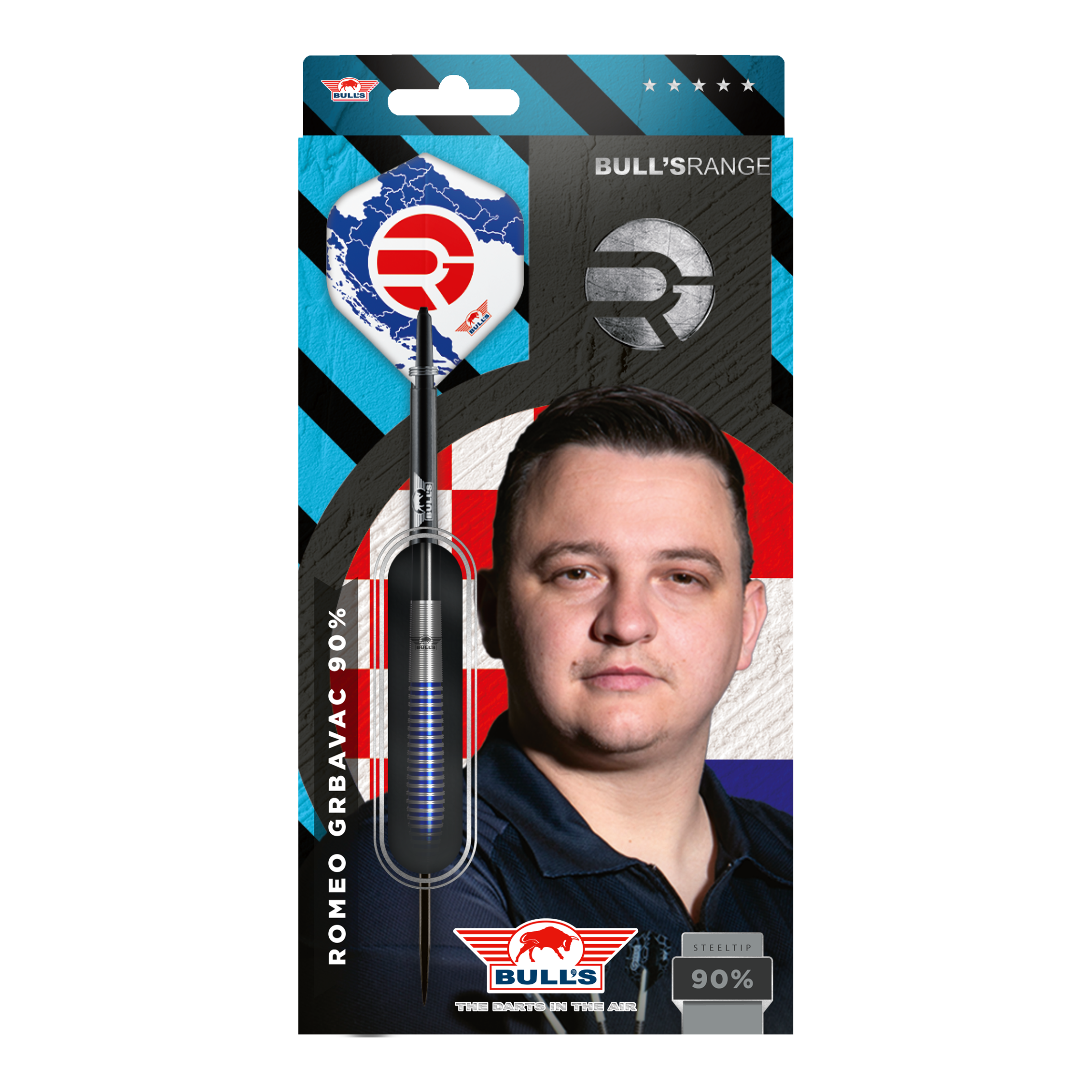 Bulls NL Romeo Grbavac Steeldarts - 23g Das Bild zeigt die Verpackung der "Bulls NL Romeo Grbavac Steeldarts - 23g". Auf der Verpackung ist ein Dartpfeil sowie ein Porträt von Romeo Grbavac zu sehen.