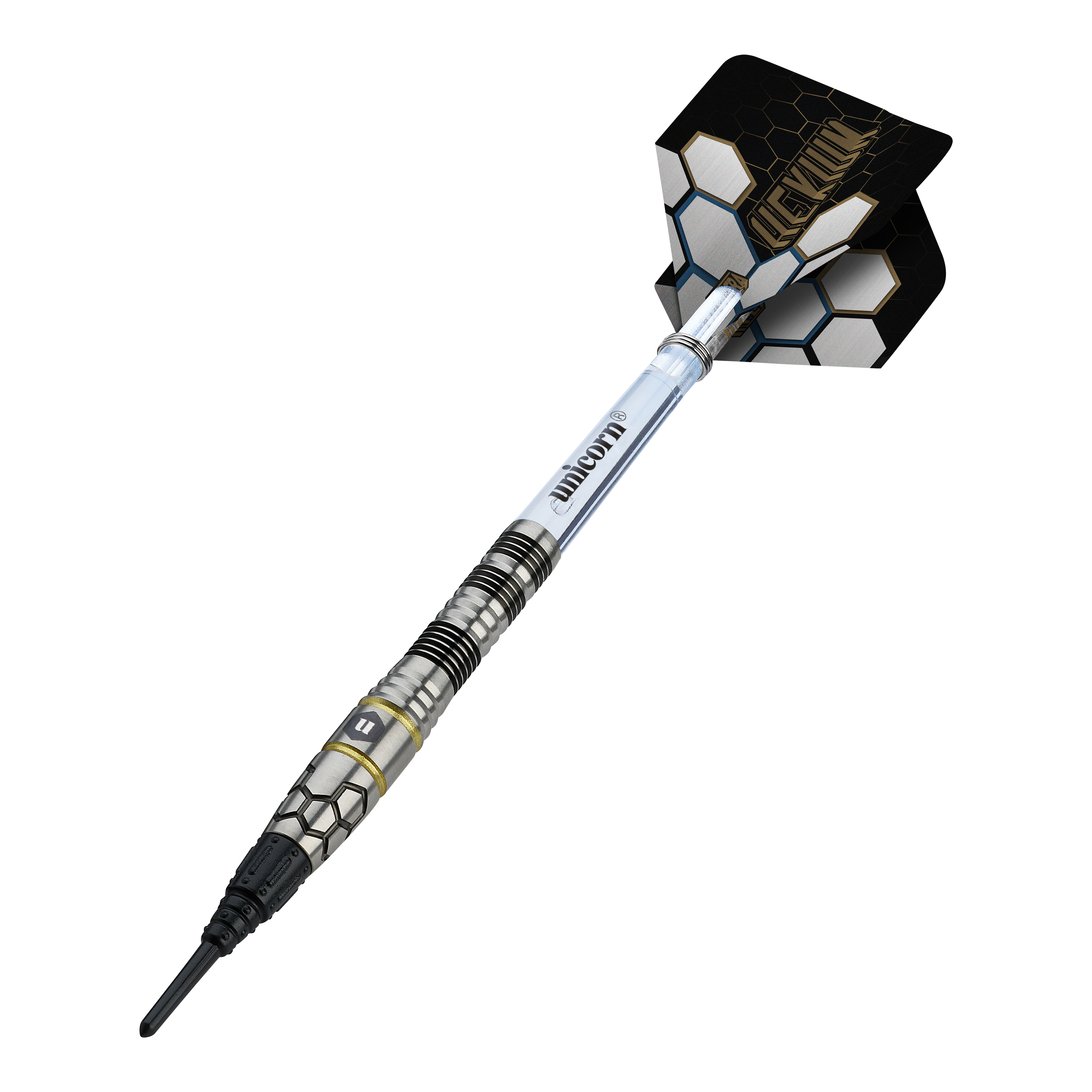 Unicorn Hexium Style 01 Black & Gold Softdarts - 22g ist ein hochwertiger Softdart mit stilvollem Design. Er bietet ausgezeichnete Griffigkeit und ist für anspruchsvolle Spieler geeignet.