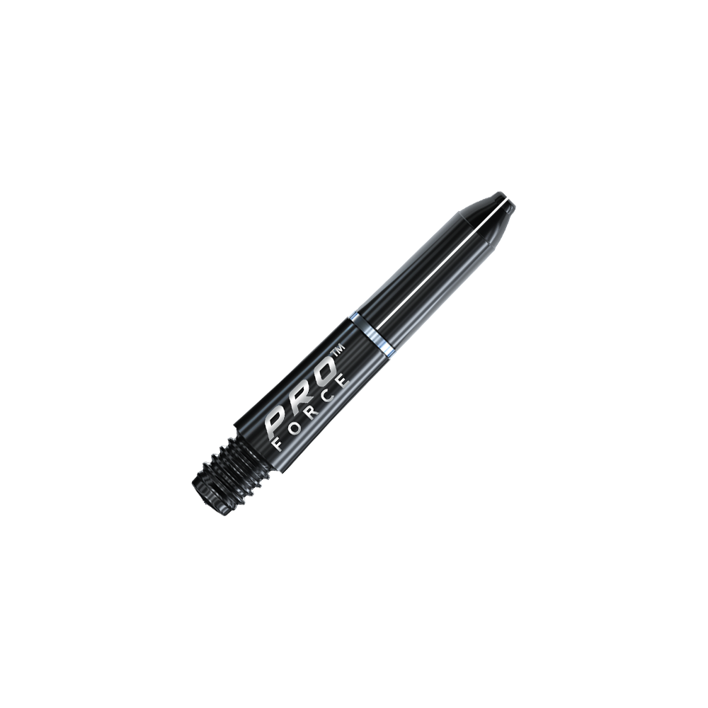 Das Bild zeigt einen schwarzen Winmau Pro-Force Dart-Schaft. Auf dem Schaft steht weiß geschrieben "PRO FORCE".