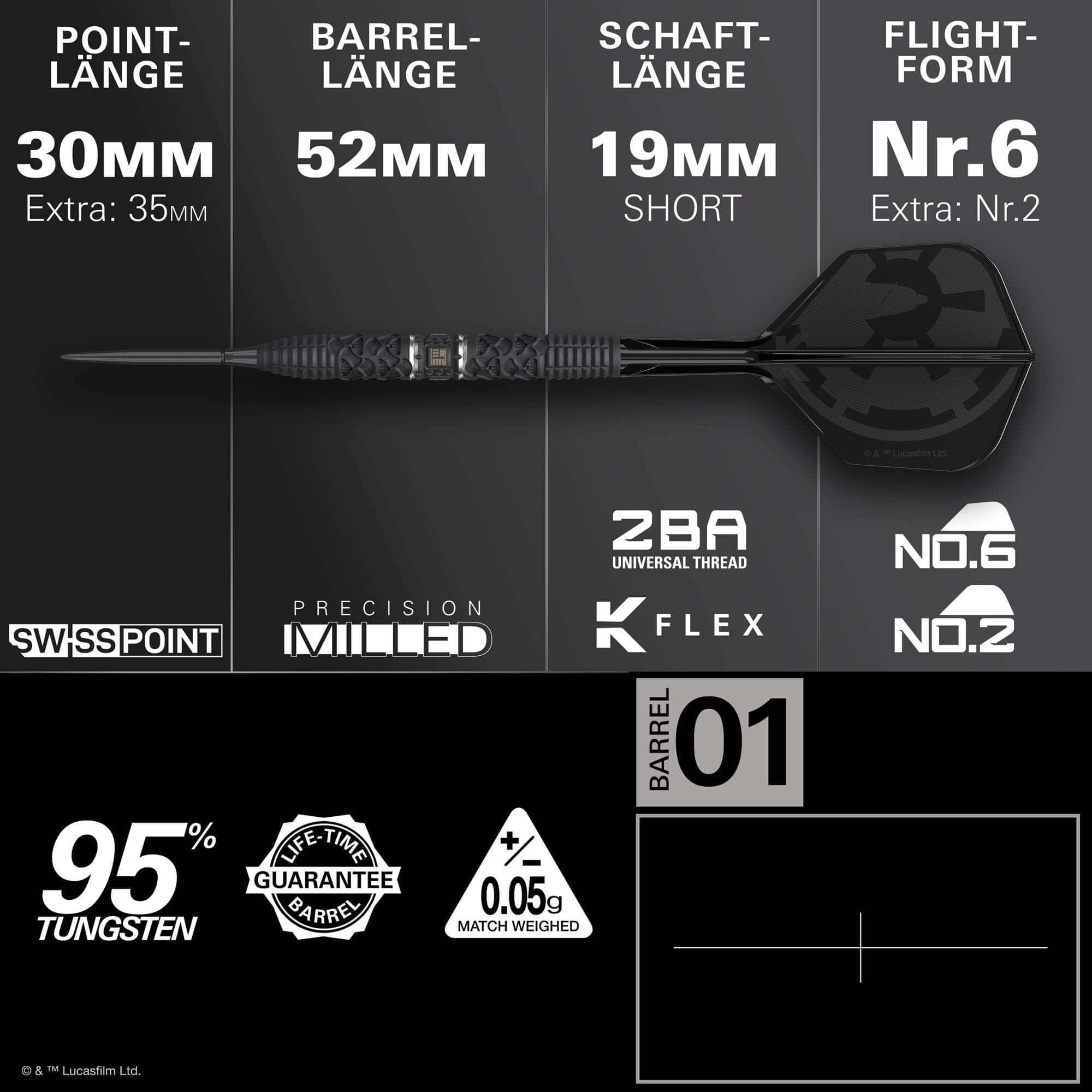 Target Star Wars Darth Vader 95 Swiss Point Steeldarts Die Target Star Wars Darth Vader 95 Swiss Point Steeldarts sind auf diesem Bild zu sehen. Sie zeigen ein Dart-Set inspiriert von Darth Vader aus Star Wars.