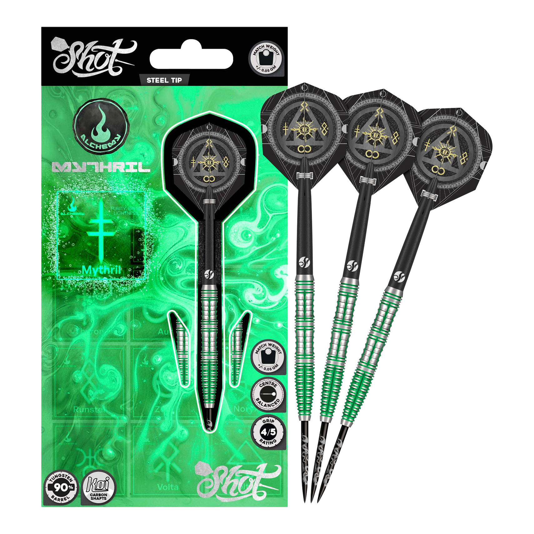 Shot Alchemy Mythril Steeldarts Auf dem Bild sind die Shot Alchemy Mythril Steeldarts komplett zu sehen. Sie überzeugen durch ihre edle Optik.