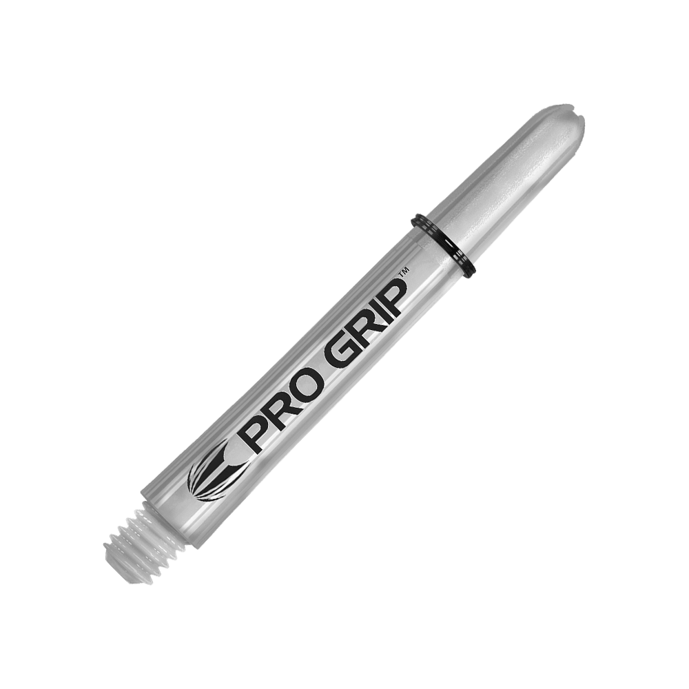 Das Bild zeigt einen transparenten Pro Grip Schaft für Darts. Auf dem Schaft steht deutlich der Schriftzug "PRO GRIP".