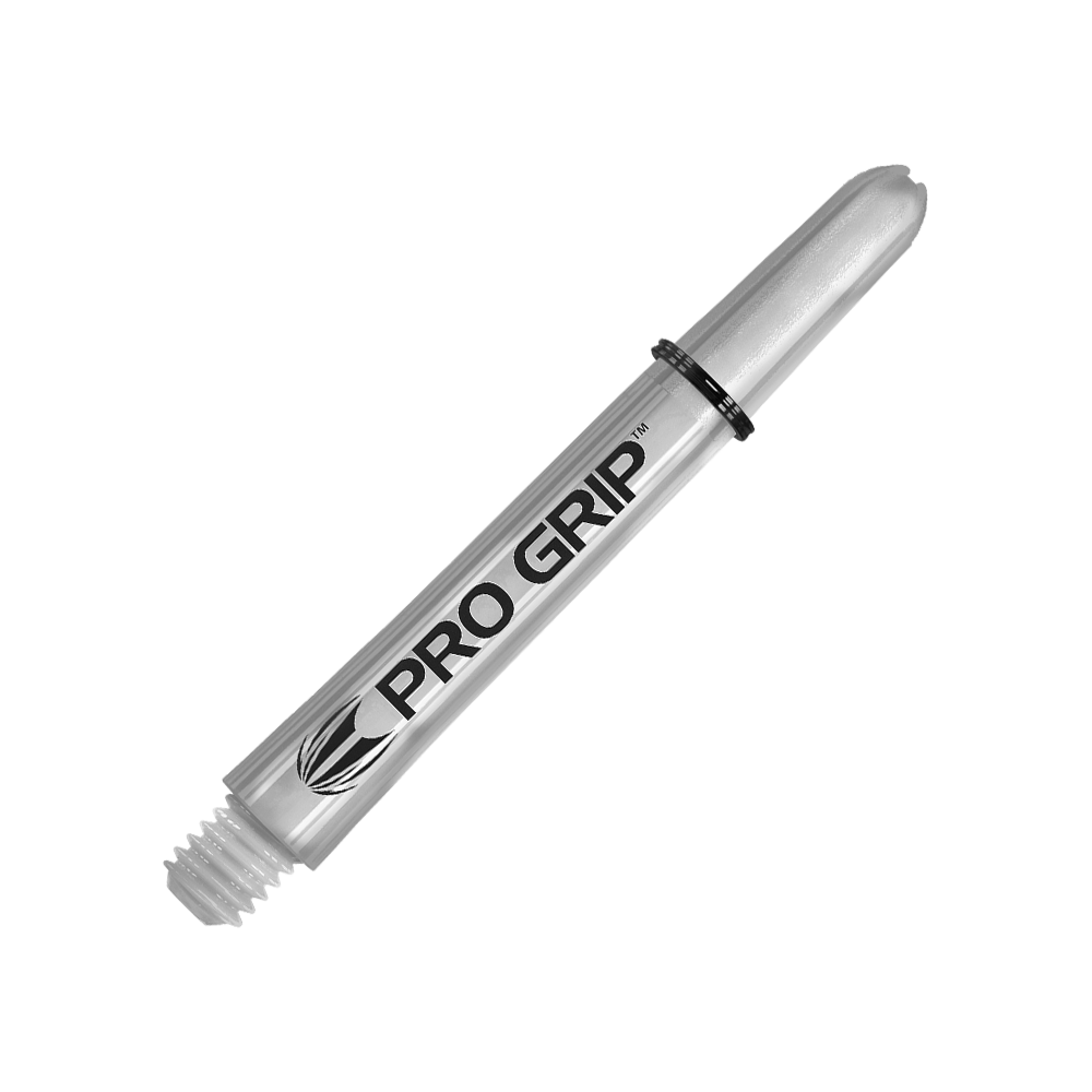 110196_Target_Pro_Grip_Shafts_Transparent_41mm_2 Das Bild zeigt einen transparenten Pro Grip Schaft für Darts. Auf dem Schaft steht deutlich der Schriftzug "PRO GRIP".