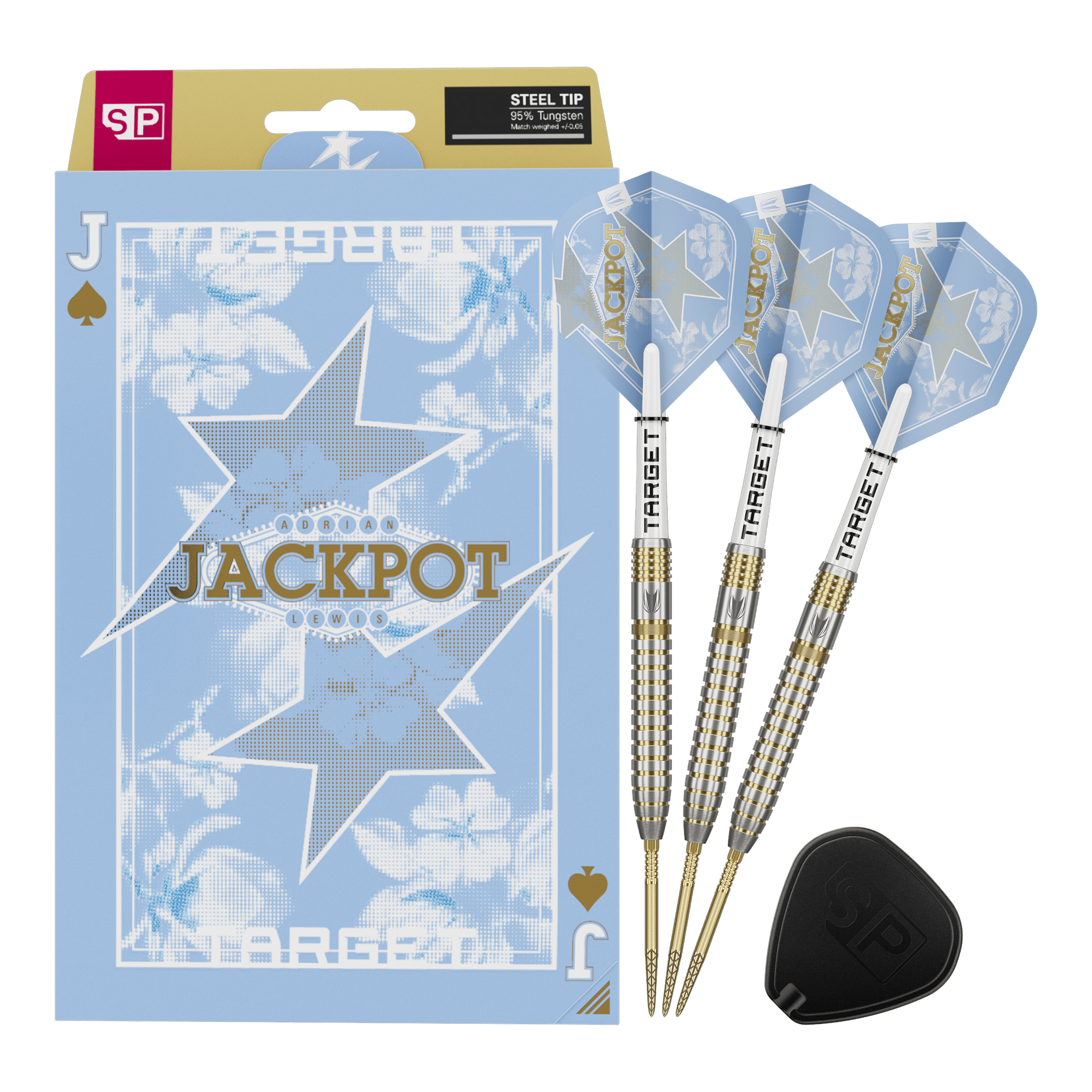 Das Bild zeigt die Target Adrian Lewis Showdown Swiss Points Steeldarts. Die Darts sind für professionelle Spieler geeignet.