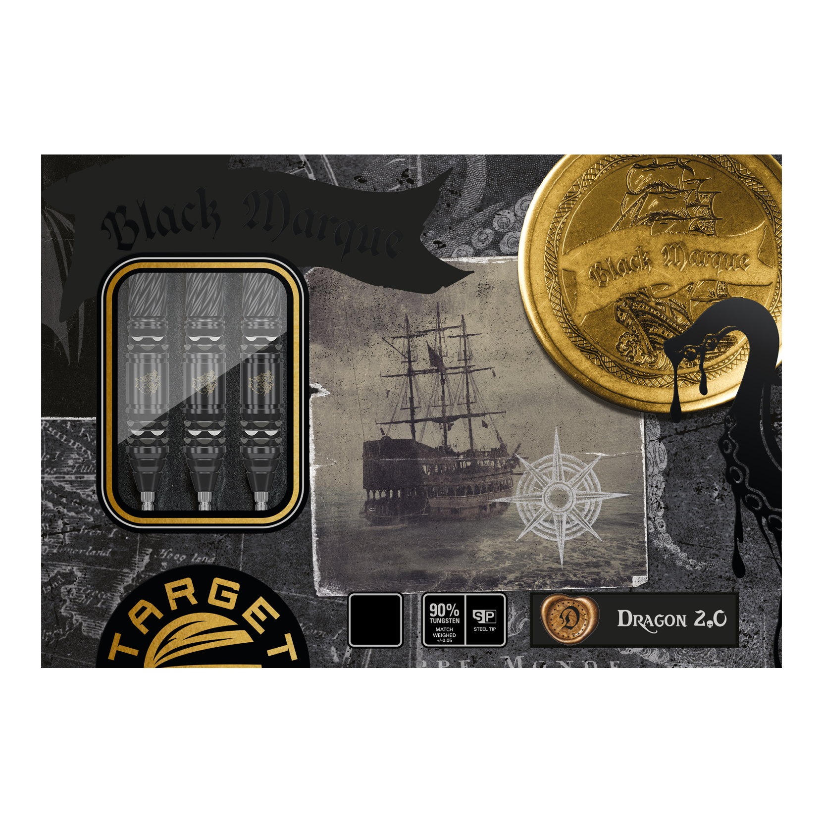 Target Japan Black Marque Dragon GEN2 Swiss Point Steeldarts Das Bild zeigt die Verpackung der "Target Japan Black Marque Dragon GEN2 Swiss Point Steeldarts". Auf der Verpackung sind ein Schiff, ein goldener Münze und drei Darts sichtbar.