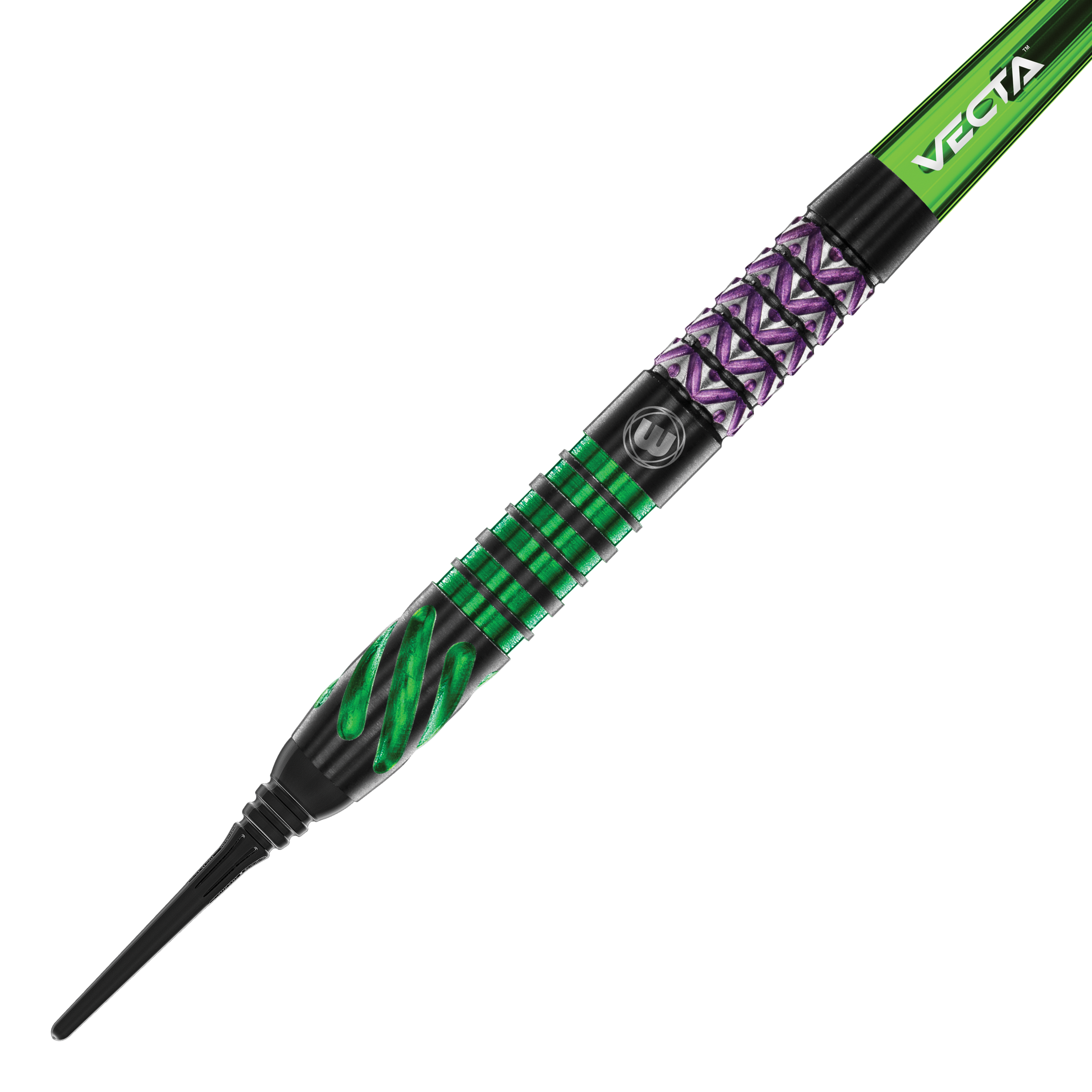 Dies ist ein Winmau Mike Maloney Softdart mit einem Gewicht von 20 Gramm. Der Dart hat auffällige grüne und lilafarbene Akzente und ein modernes Design.