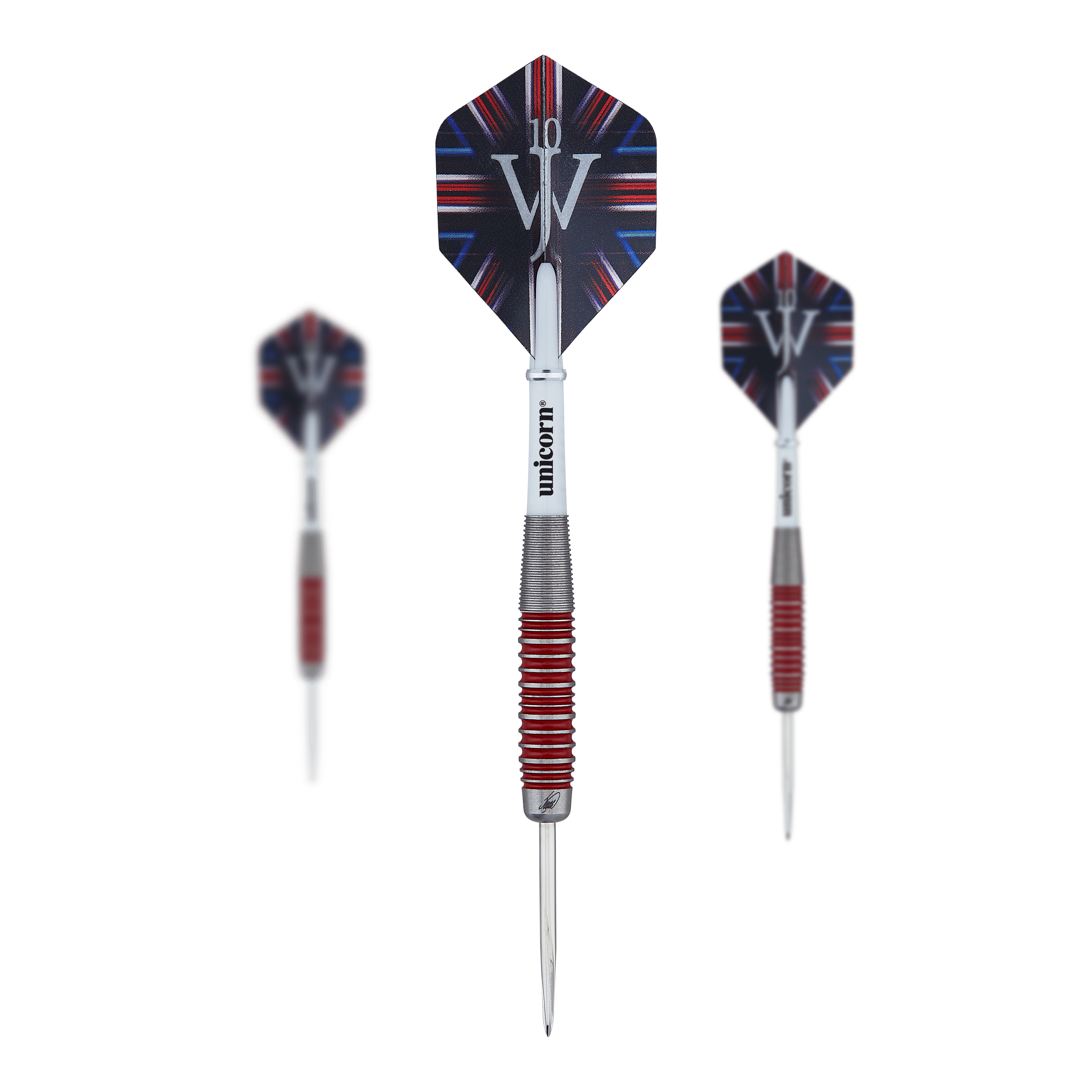 Das Bild zeigt drei Steeldarts des Produkts "Unicorn The Machine James Wade 90% Steeldarts". Die Darts haben rote und silberne Griffringe sowie Flights mit einem schwarz-blauen Muster und den Initialen "JW".