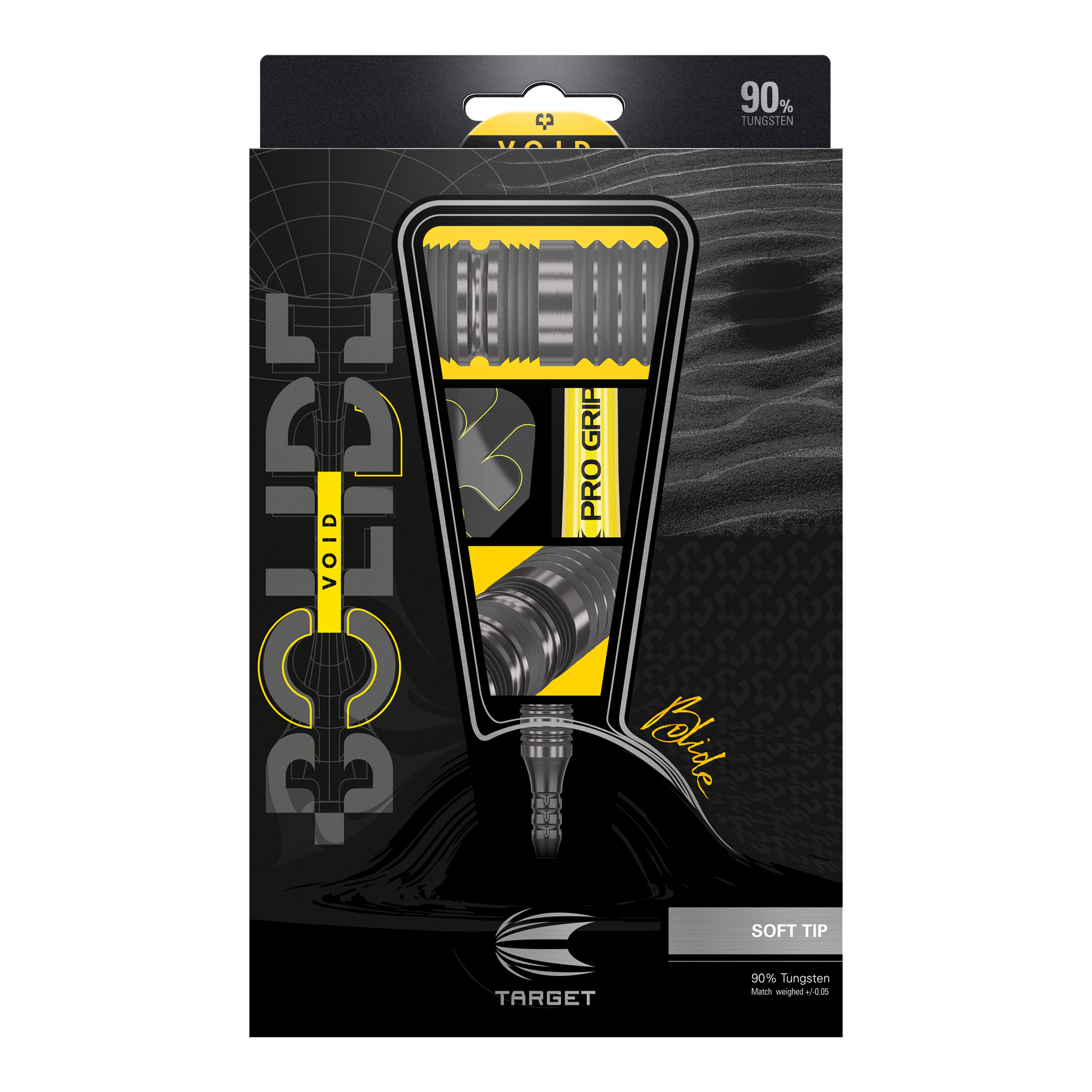 Das Bild zeigt die Verpackung der "Target Bolide Void 10 Softdarts". Die Verpackung ist schwarz-gelb gestaltet und hebt die Darts mit 90% Tungsten-Anteil hervor.