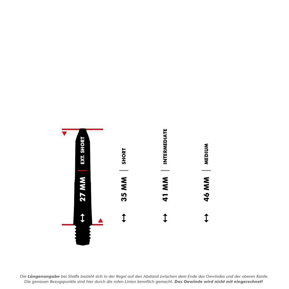Das Bild zeigt die verschiedenen Längen der Winmau Pro-Force Shafts in Schwarz. Die Längen sind Extra Short (27 mm), Short (35 mm), Intermediate (41 mm) und Medium (46 mm).