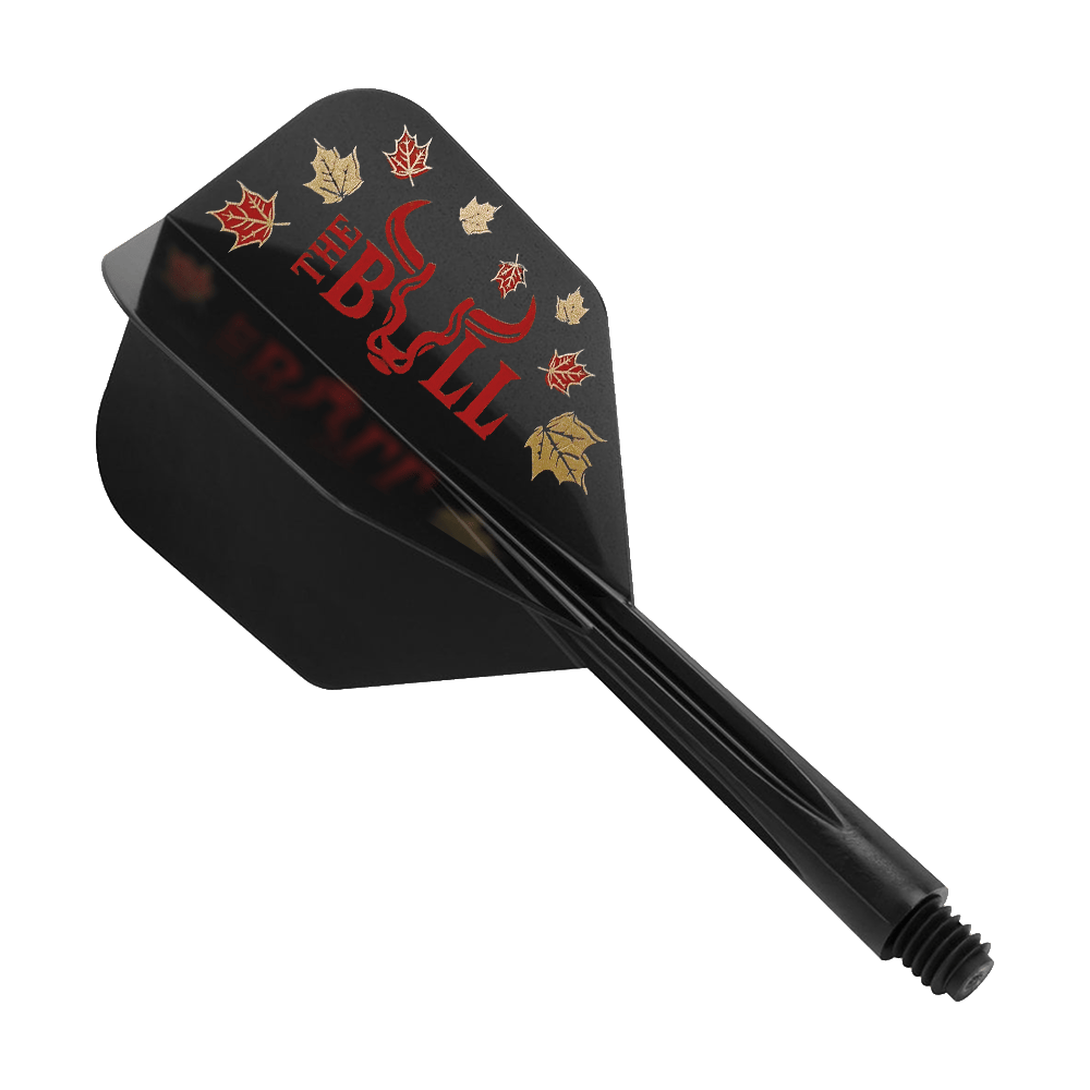 Das Bild zeigt das Produkt „Condor AXE Canadian Bull Black Flight-System Small“. Es ist ein schwarzer Dart-Flight mit roten und goldenen Blättern und der Aufschrift „The Bull“.