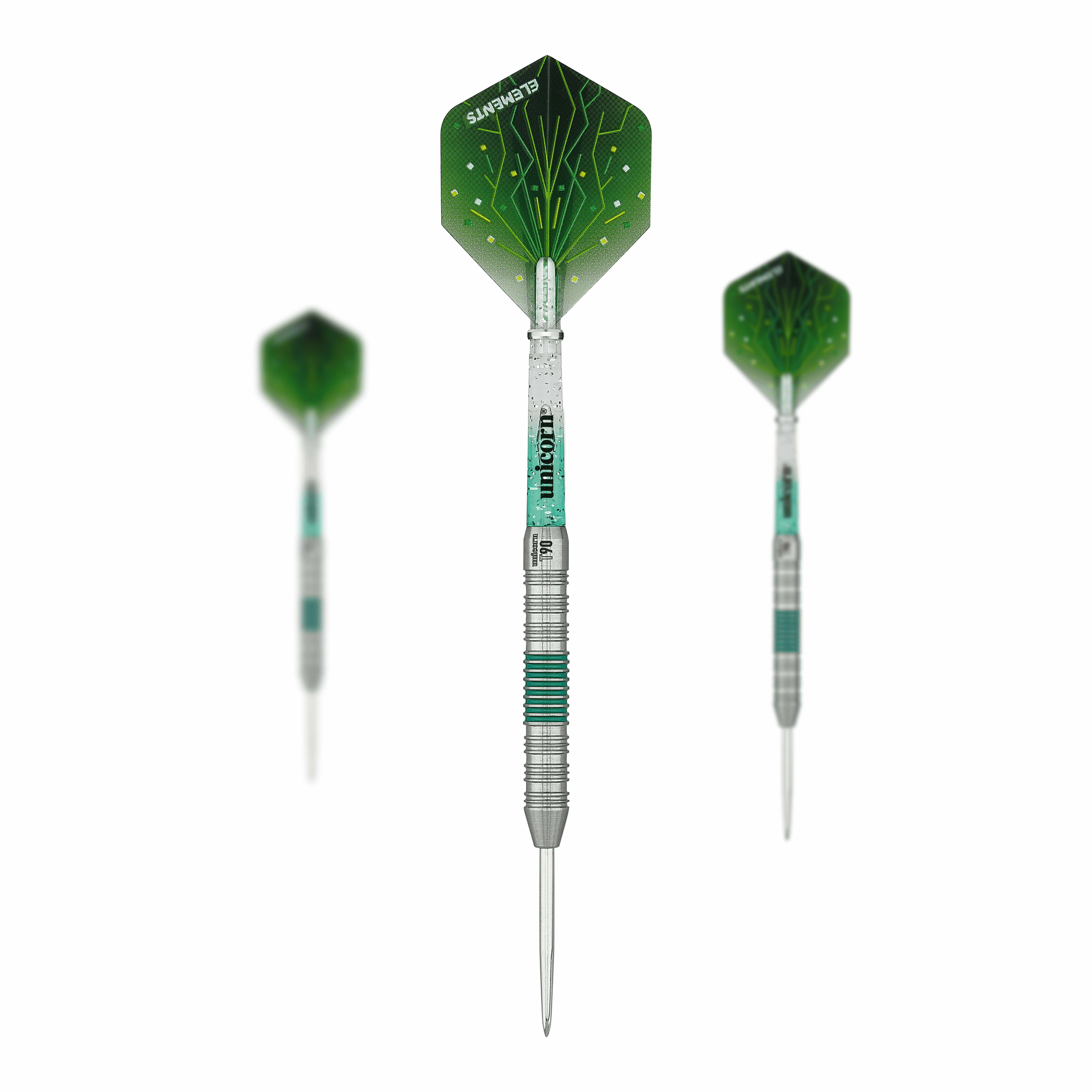 Das Bild zeigt drei Steeldarts des Modells "Unicorn T90 Core XL Green". Die Darts haben silberne Spitzen und grüne Flügel mit einem modernen Design.