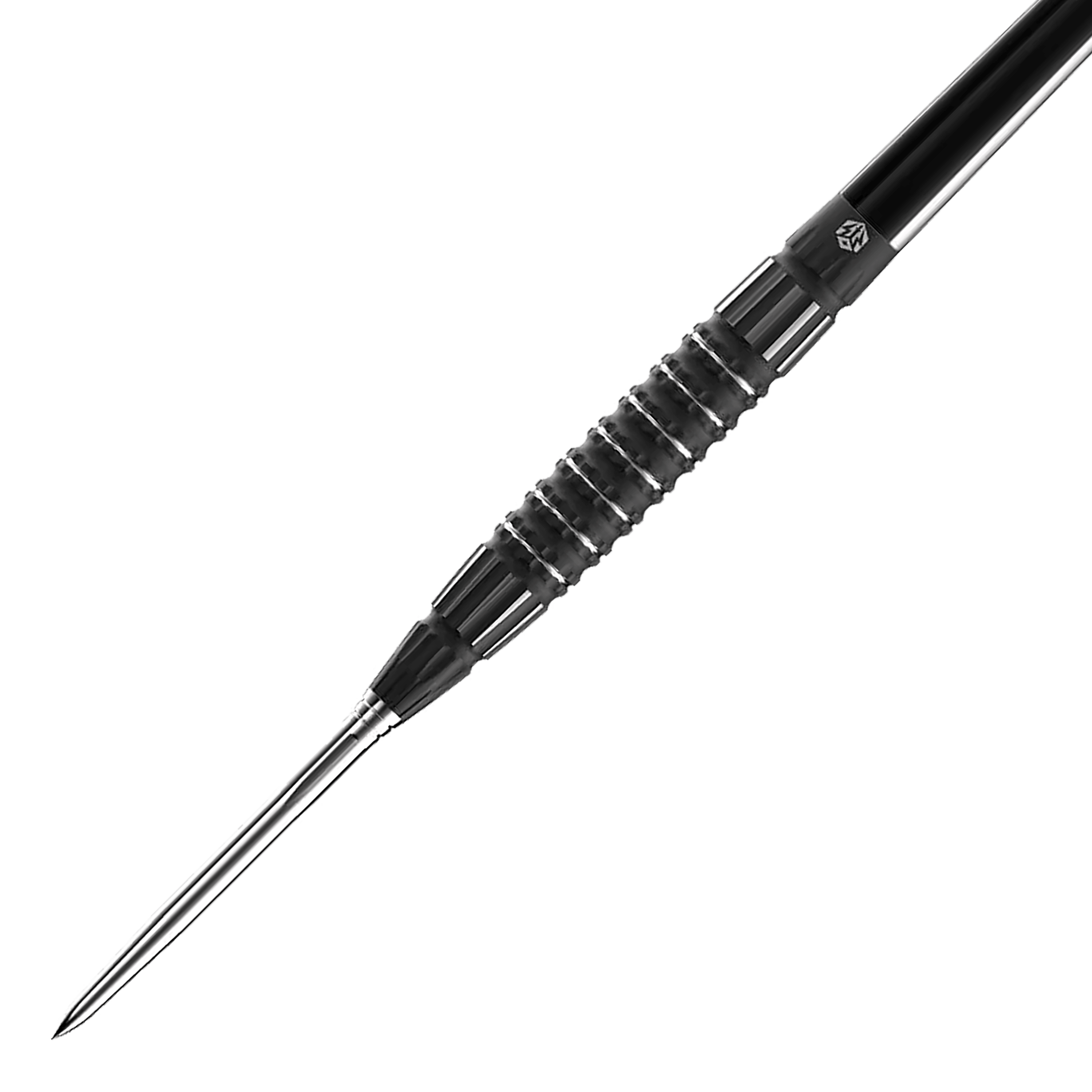 Das Bild zeigt einen Caliburn Sword S3 Steeldart mit einem Gewicht von 23 g. Der Dartpfeil hat ein schlankes, schwarzes Design mit einer geriffelten Griffzone.