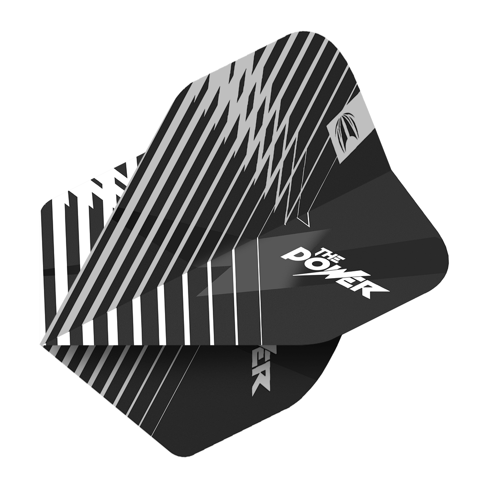 Das Bild zeigt die Target ProUltra Phil Taylor Black No2 Standard Flights. Die Flights sind schwarz-weiß gemustert und haben den Aufdruck "The Power".