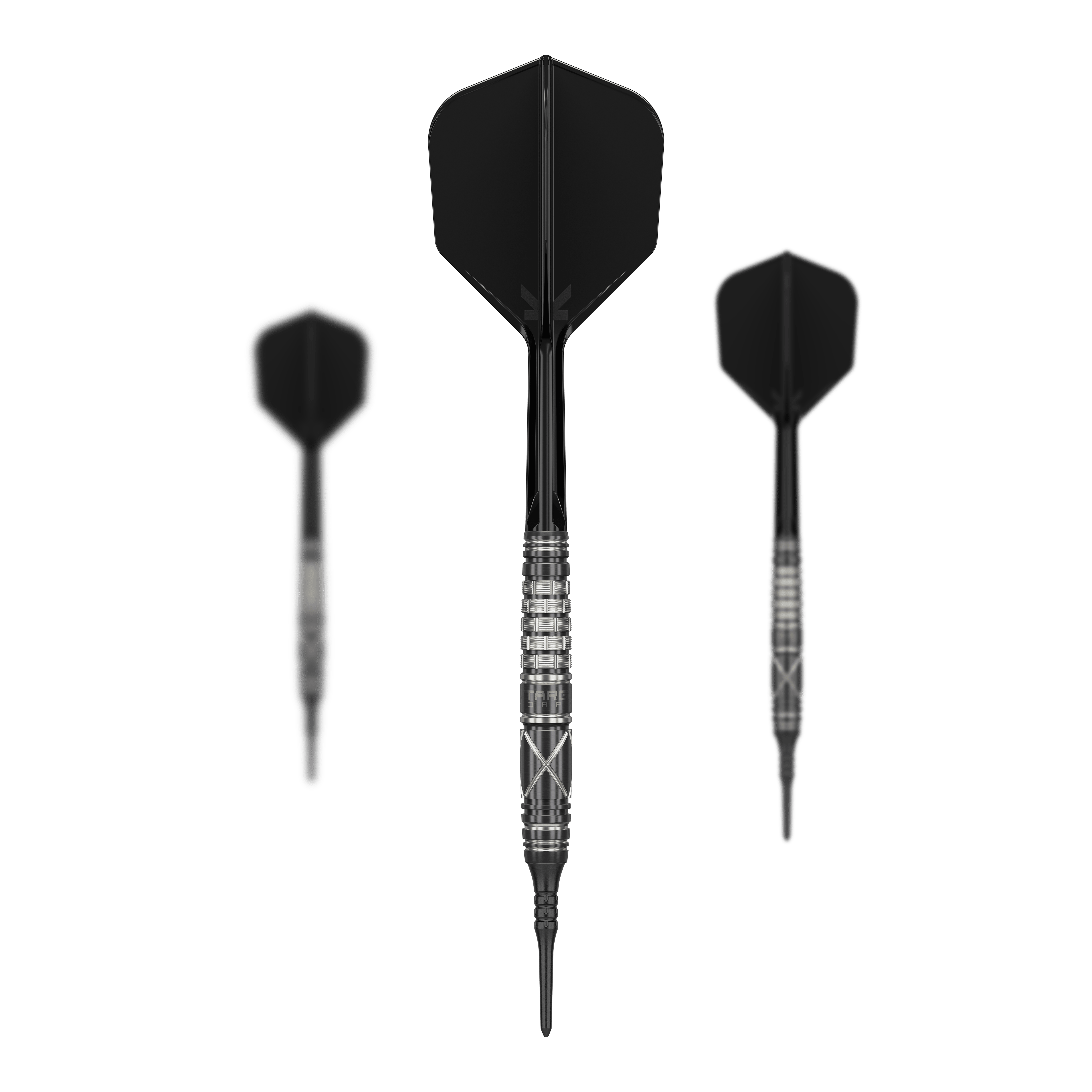 Das Bild zeigt drei schwarze Softdarts mit silbernen Ringen und markantem Design. Die Darts sind das Modell "Target Japan Black Marque Chaos 2" mit einem Gewicht von 19 Gramm.