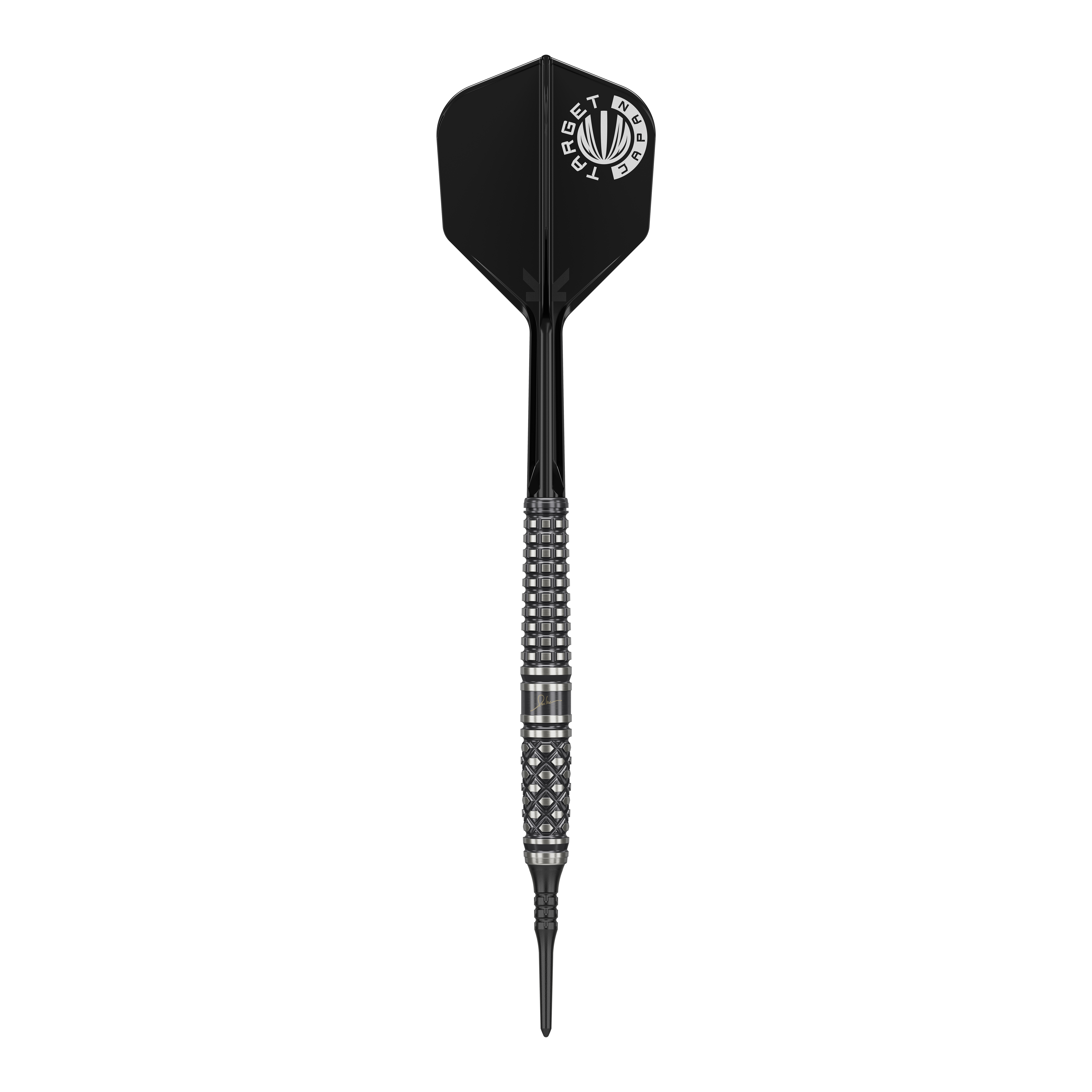 Target Japan Paul Lim The Legend GEN8 Softdarts - 19g Das Bild zeigt einen Softdart mit schwarzer Spitze, silbernem, strukturiertem Barrel und schwarzer Flight. Auf dem Flight steht in Weiß „TARGET JAPAN“.