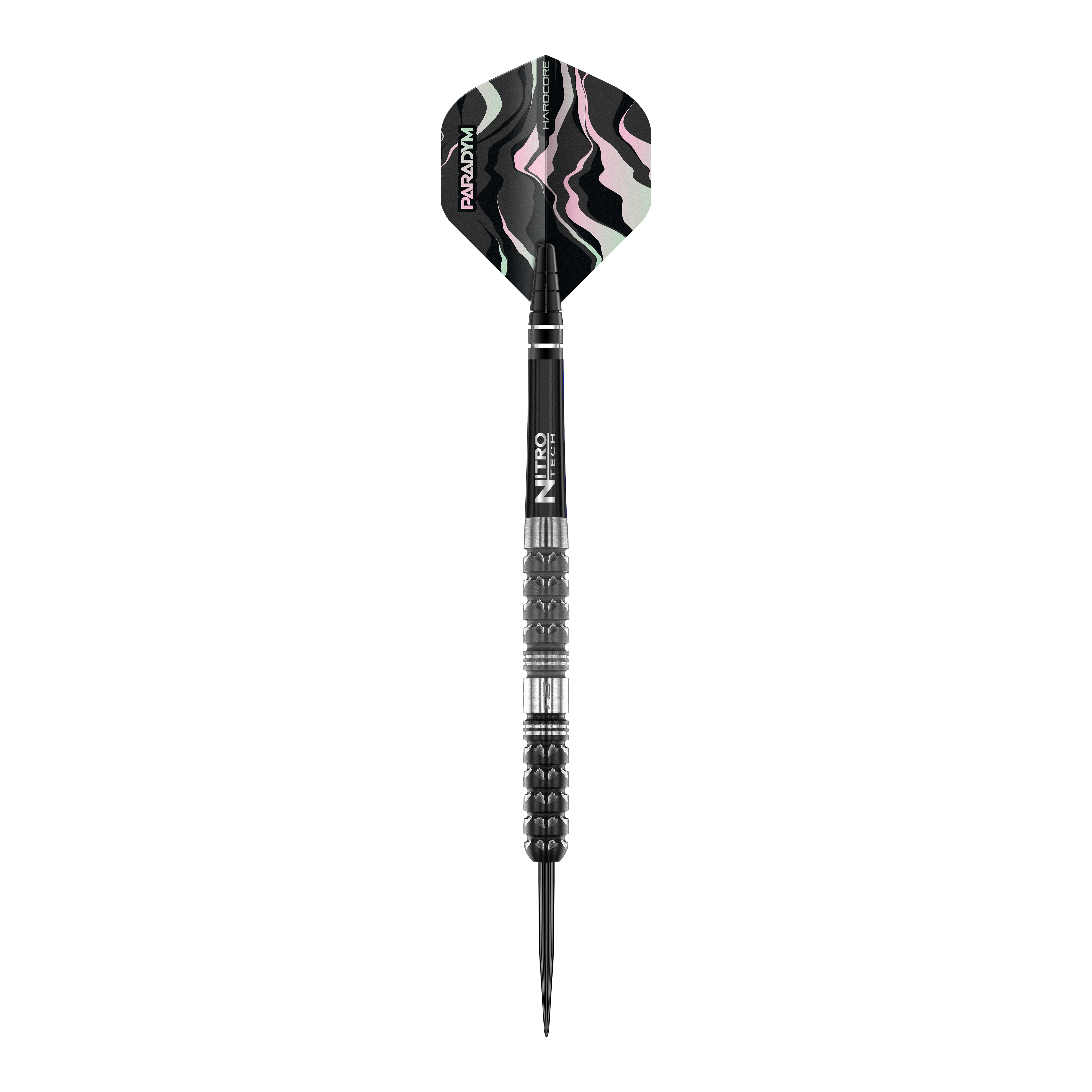 Red Dragon Paradym Tapered Steeldarts Das Bild zeigt einen Red Dragon Paradym Tapered Steeldart. Der Dart hat ein modernes, schwarzes Design mit markant gemusterter Flugfeder.