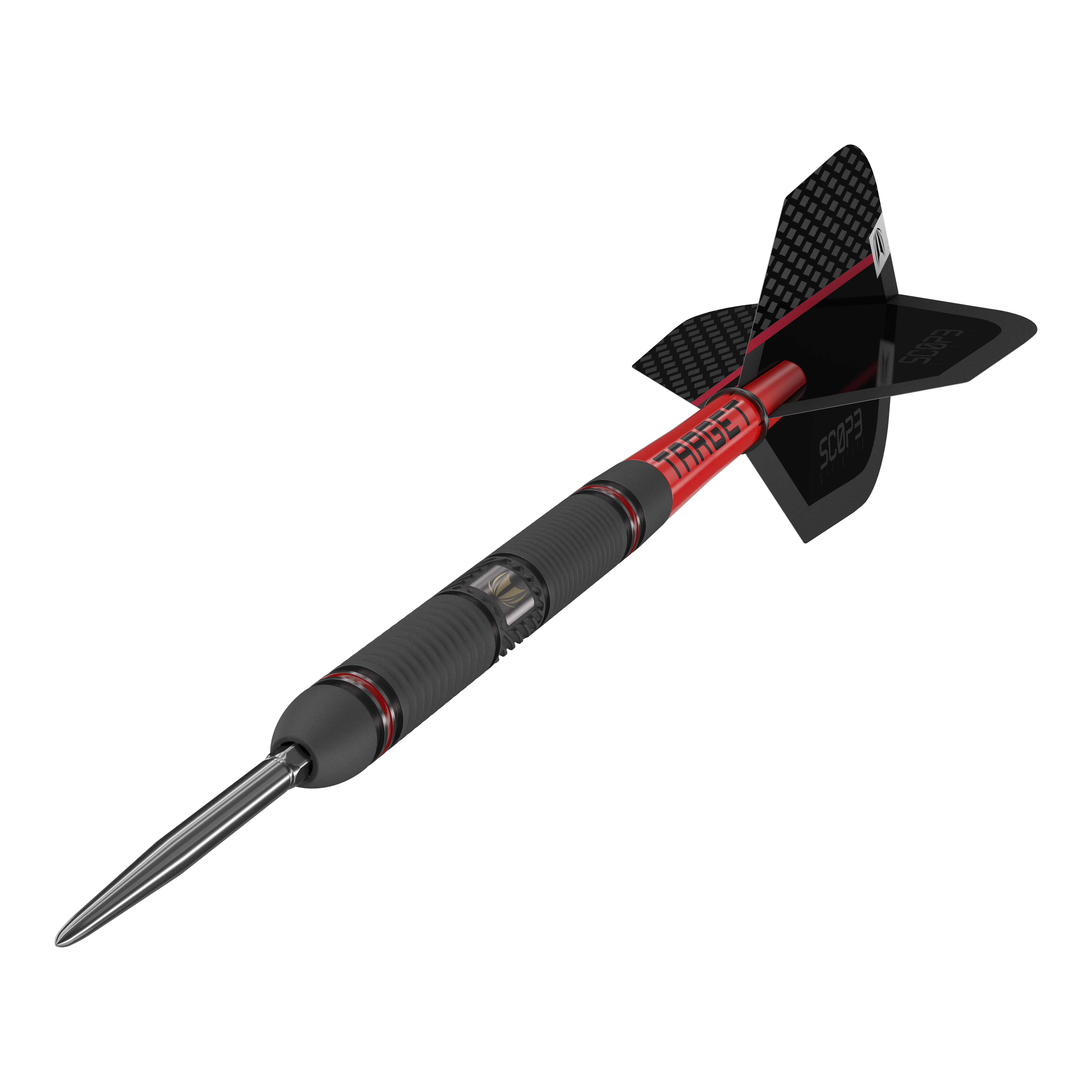 Target Scope 01 Swiss Point Steeldarts Das Bild zeigt einen Target Scope 01 Swiss Point Steeldart. Der Dartpfeil hat ein modernes Design mit schwarzen und roten Akzenten sowie einer stabilen Metallspitze.