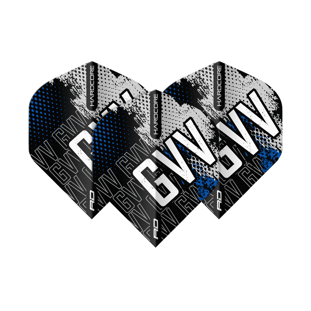 Das Bild zeigt drei Dart-Flights des Produkts "Red Dragon Hardcore Gian Van Veen Blue Premium No2 Standard Flights". Die Flights haben ein schwarzes, weißes und blaues Design mit den Buchstaben "GVV" und dem Schriftzug "Hardcore".