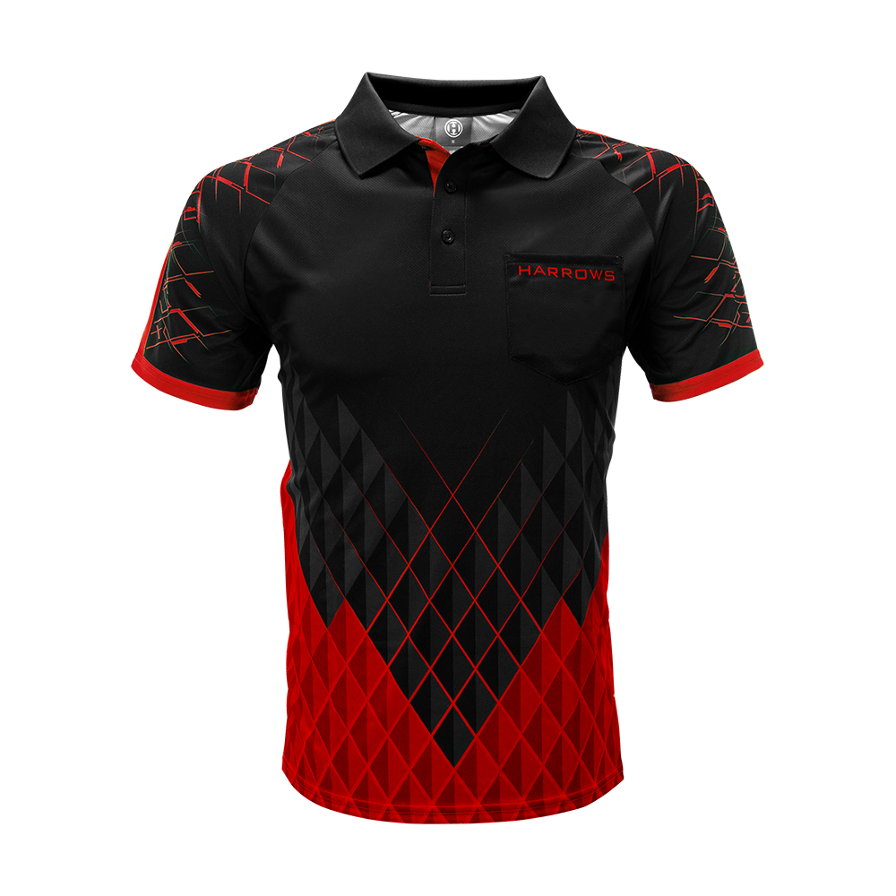 HRS-26036_Harrows_Paragon_Dartshirt_Rot_1 Das Bild zeigt das Harrows Paragon Dartshirt in Rot. Das Shirt hat ein modernes, schwarzes und rotes Muster mit geometrischen Formen und einem kleinen Brusttasche mit dem Schriftzug "HARROWS".