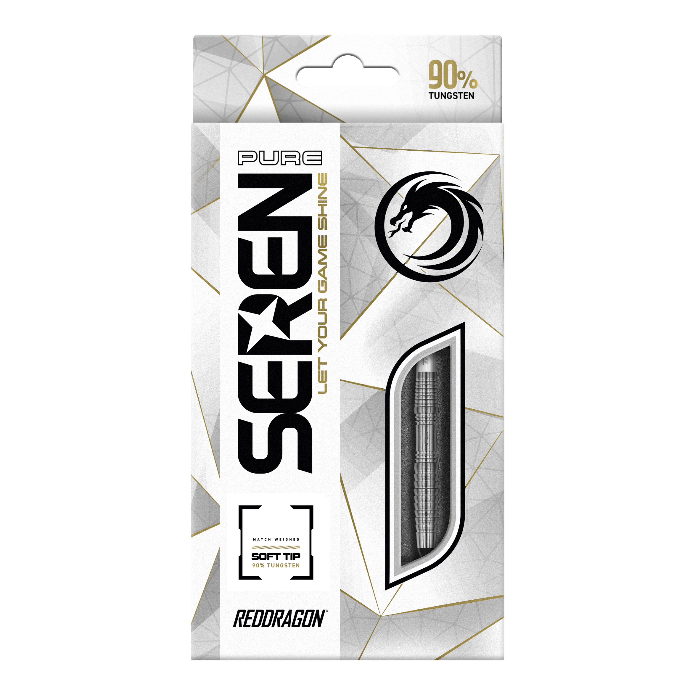 Red Dragon Seren 3 Pure Softdarts - 20g Die Abbildung zeigt die Verpackung der "Red Dragon Seren 3 Pure Softdarts - 20g". Auf der Vorderseite steht, dass die Darts 90% Tungsten enthalten und für Soft-Tip geeignet sind.