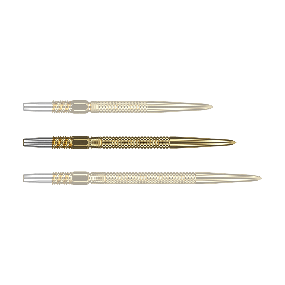 Das Bild zeigt drei goldene Dartspitzen des Produkts „Target Swiss Point GRD Gold Dartspitzen“. Die Spitzen haben ein silbernes Gewinde und ein geriffeltes Design für besseren Halt.