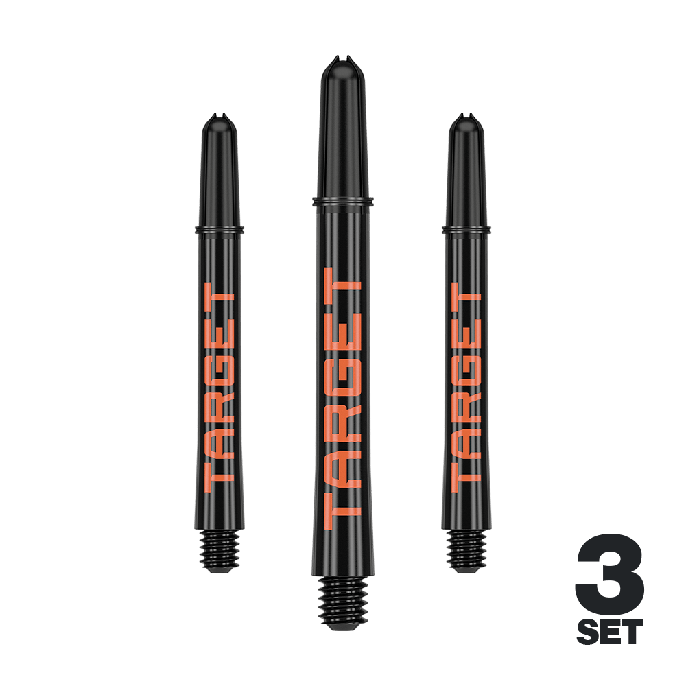 Target Pro Grip TAG Shafts - 3 Sets - Schwarz Orange Das Bild zeigt drei schwarze Dartschäfte mit orangefarbener Aufschrift "TARGET". In der rechten unteren Ecke steht "3 SET".